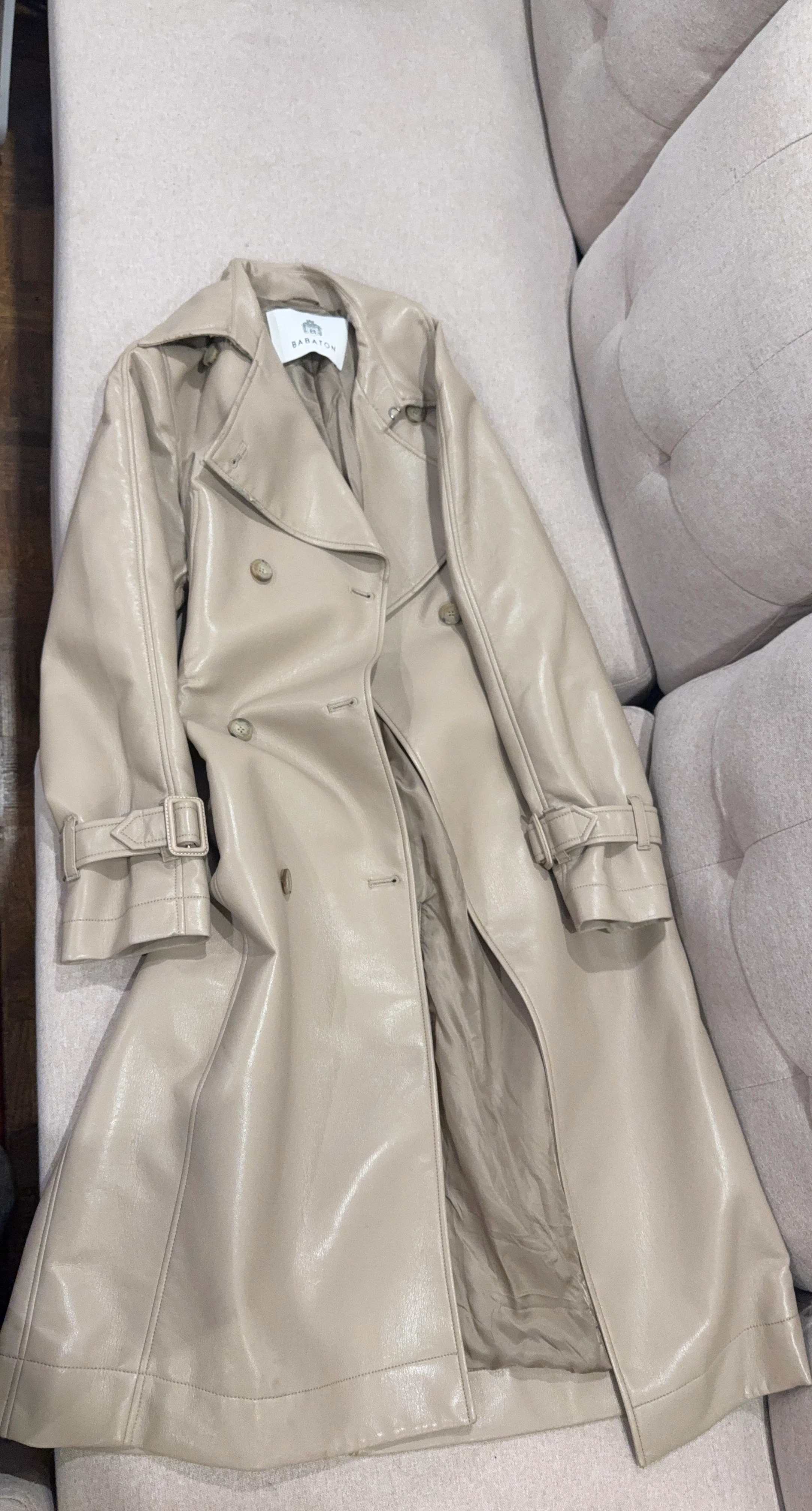 Babaton Tan Faux Leather Trench Coat