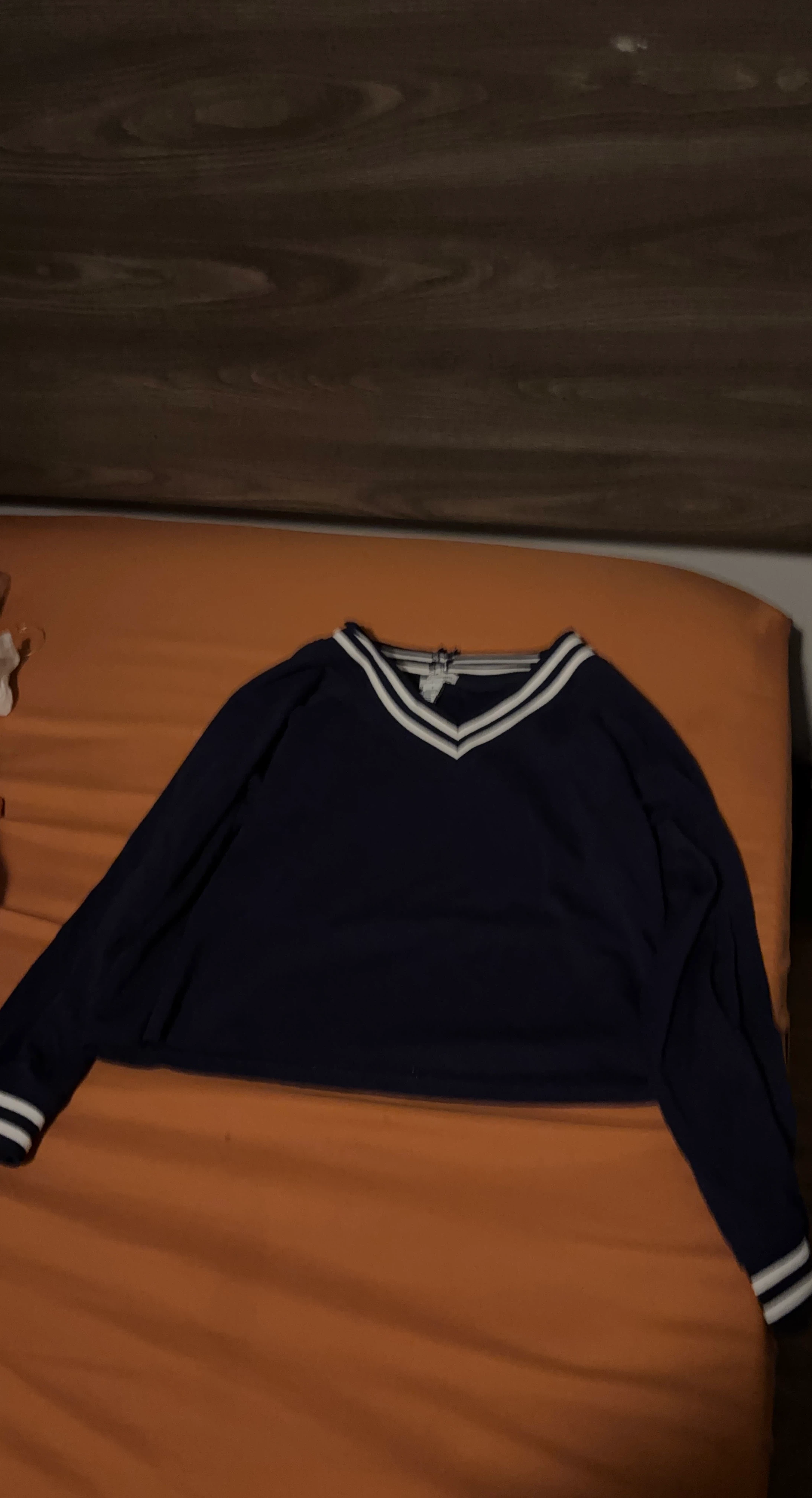 Navy Blue Cropped Sweater with White Stripes