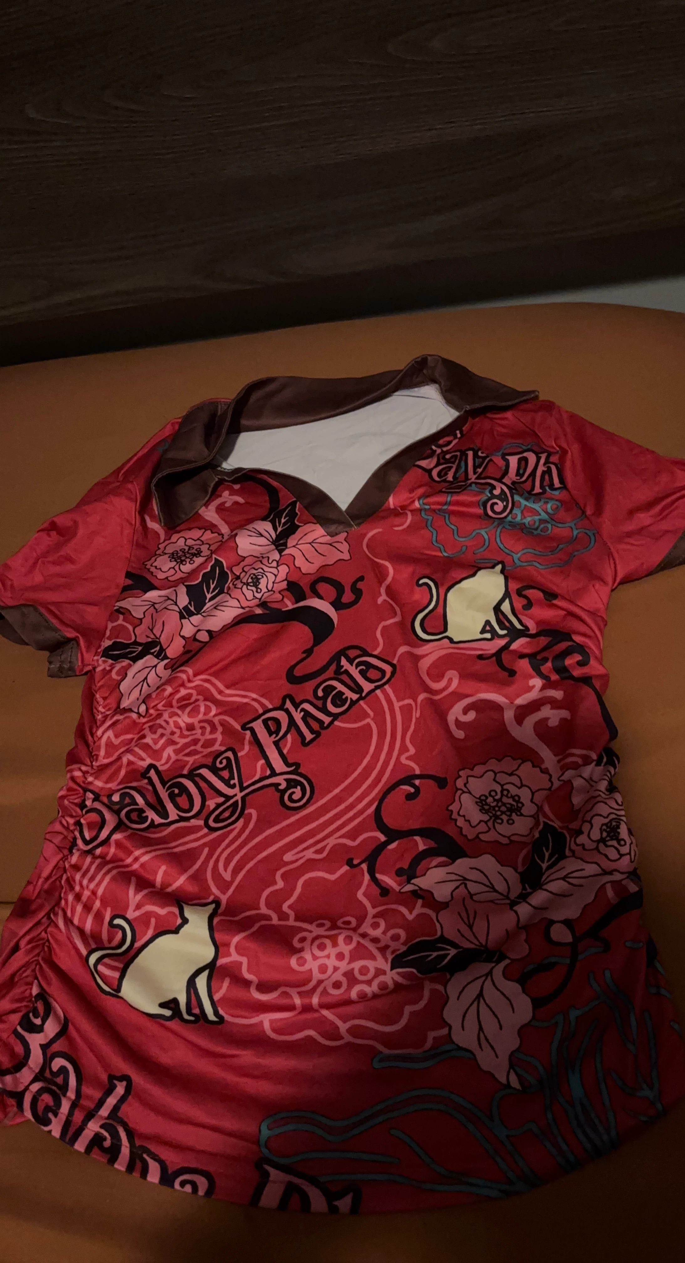 Baby Phat Red Floral Cat Print Collared Shirt