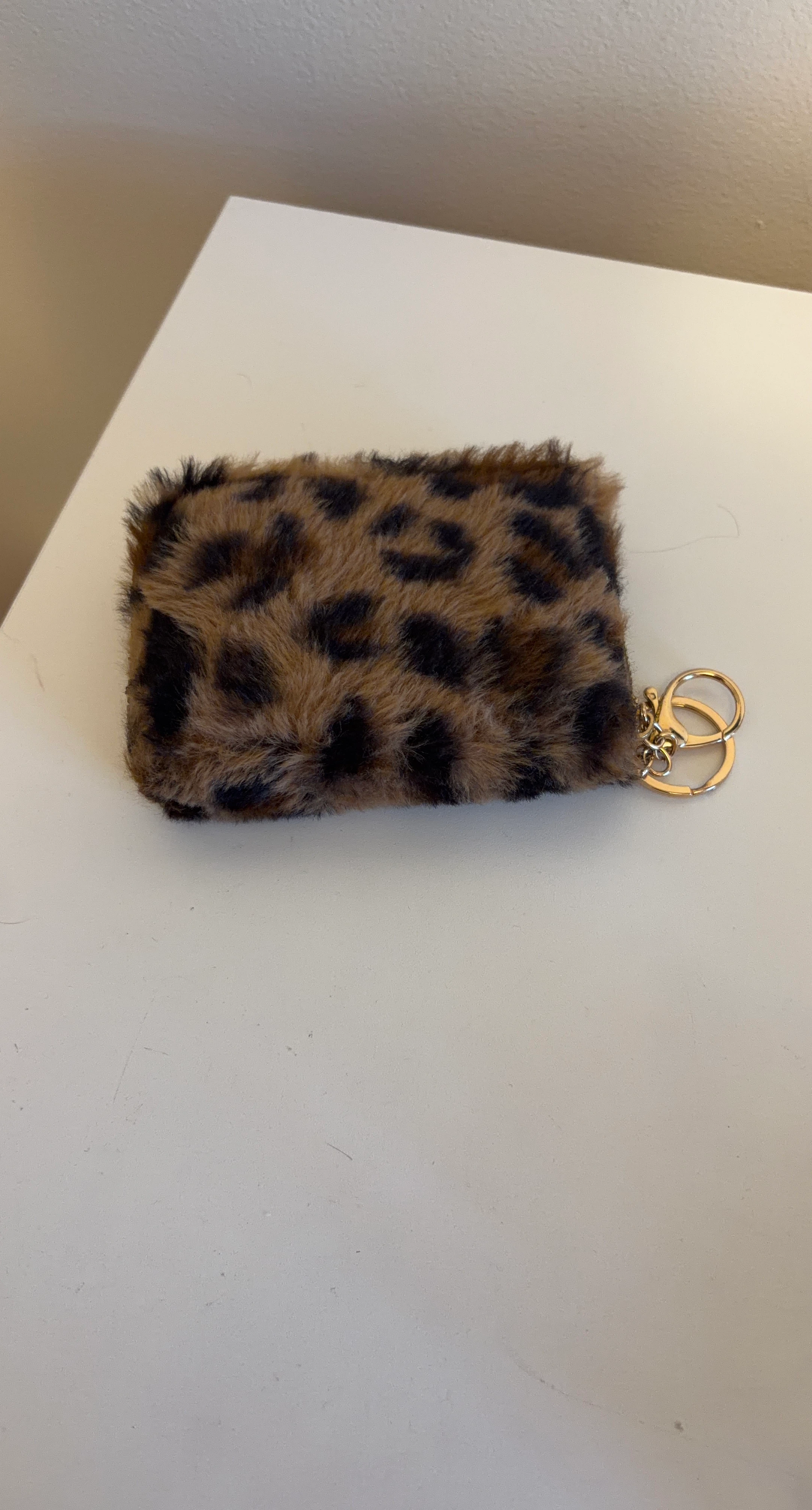 Fuzzy Leopard Print Coin Pouch with Keychain