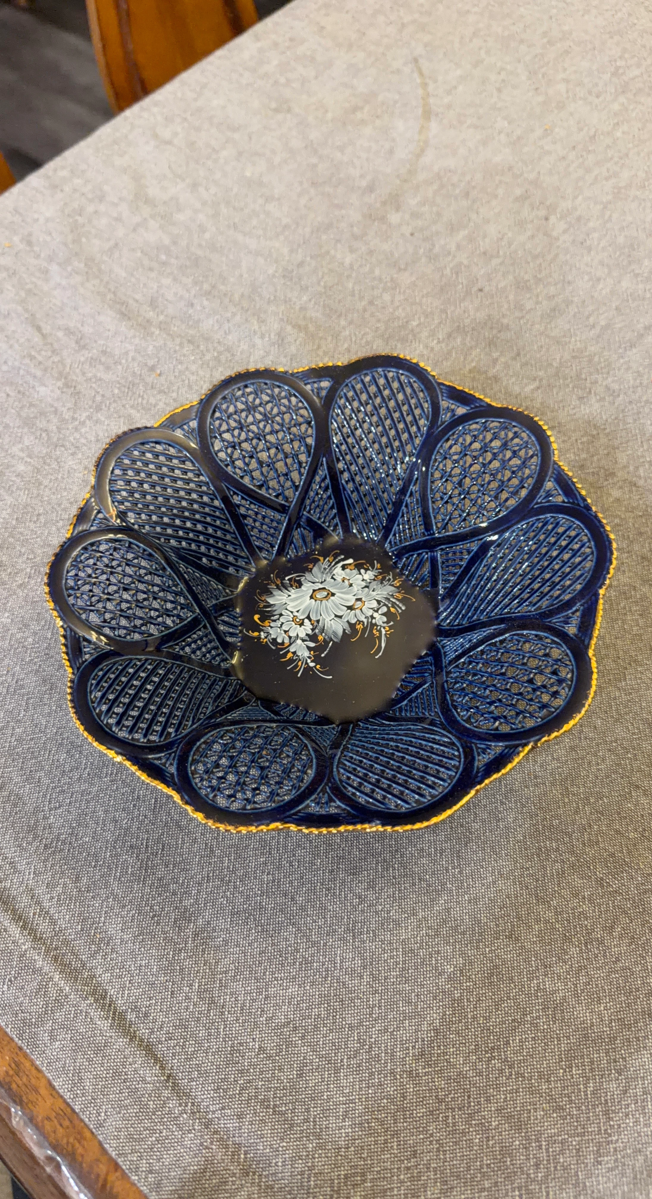 Vintage Romanian Cobalt Blue Decorative Bowl with Floral Detail
