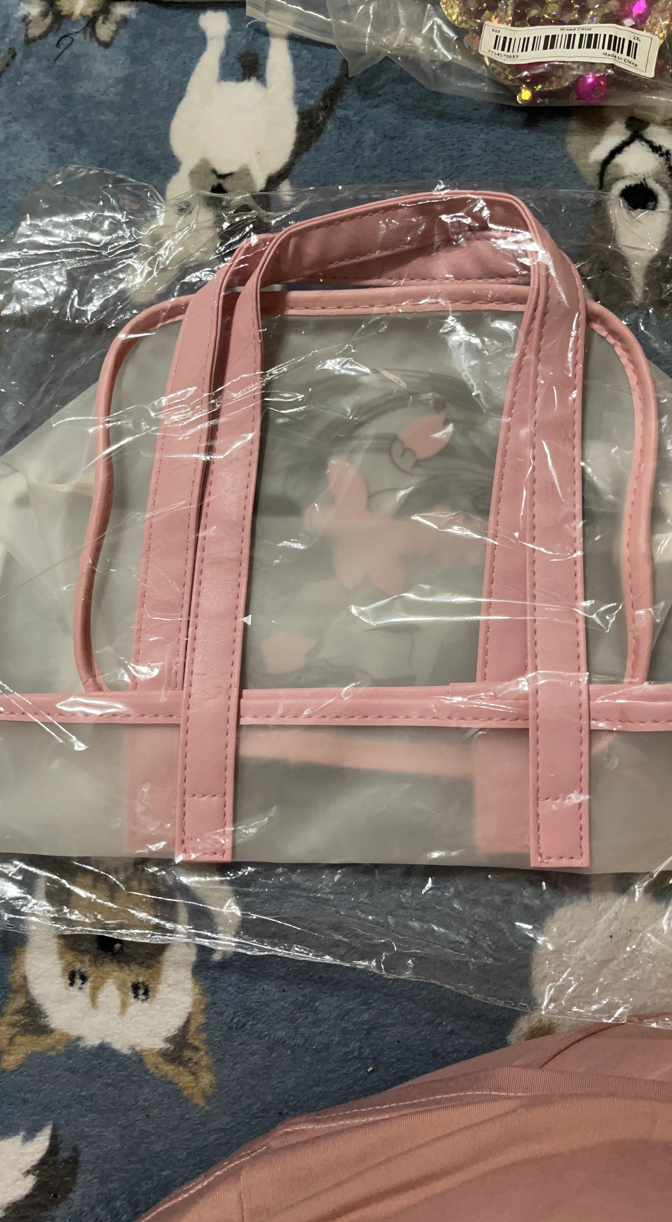 Clear Vinyl Tote Bag with Pink Faux Leather Trim