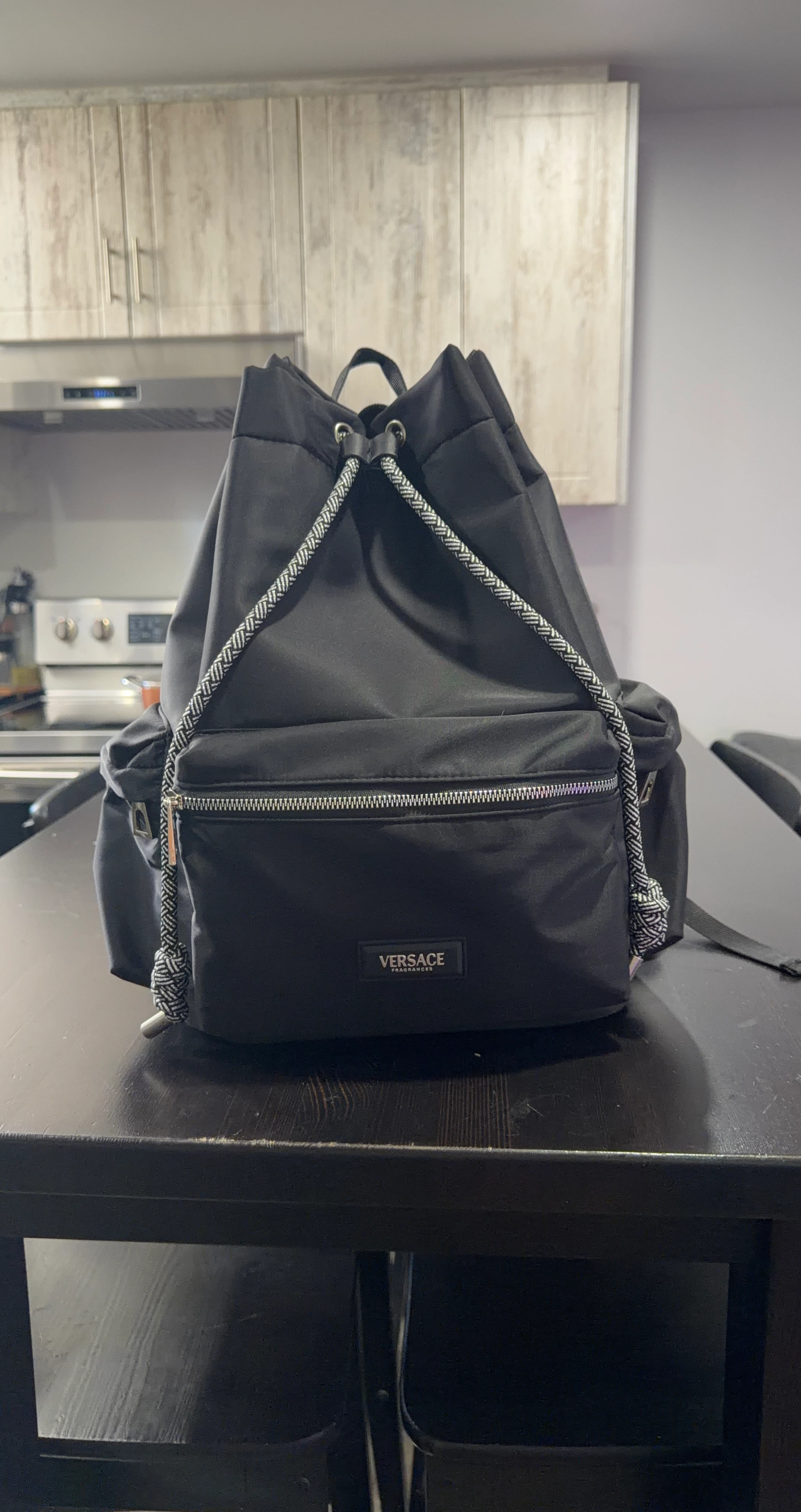 Versace Black Nylon Drawstring Backpack Bag