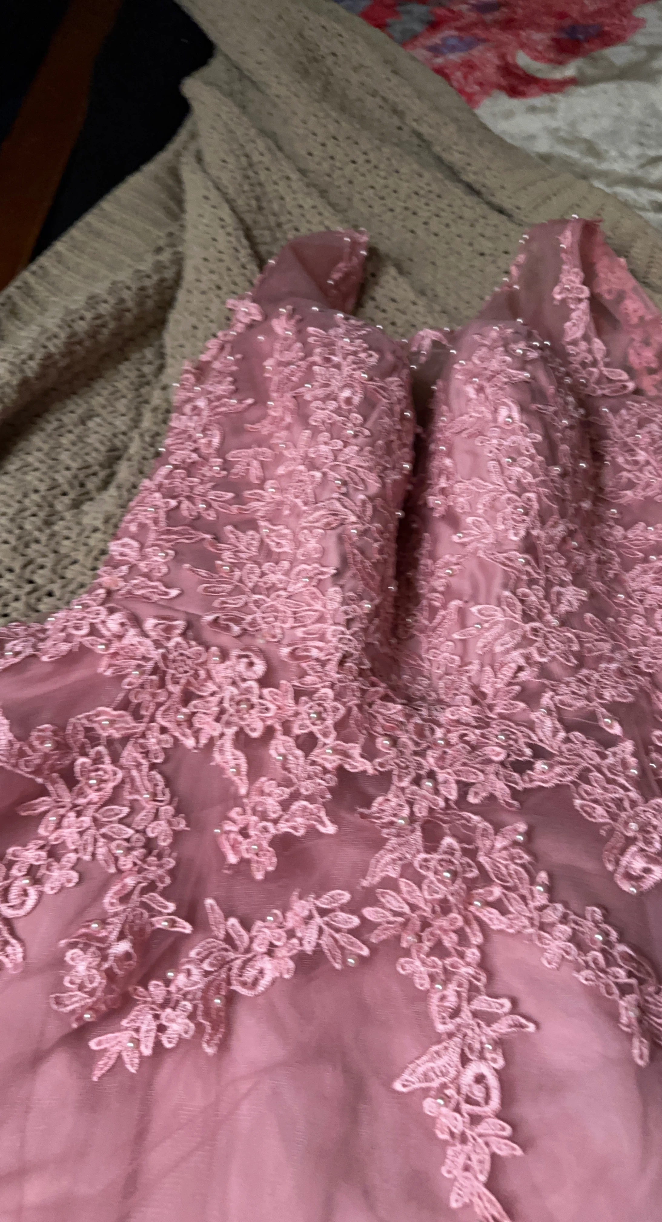 Pink Lace Embellished Prom Dress