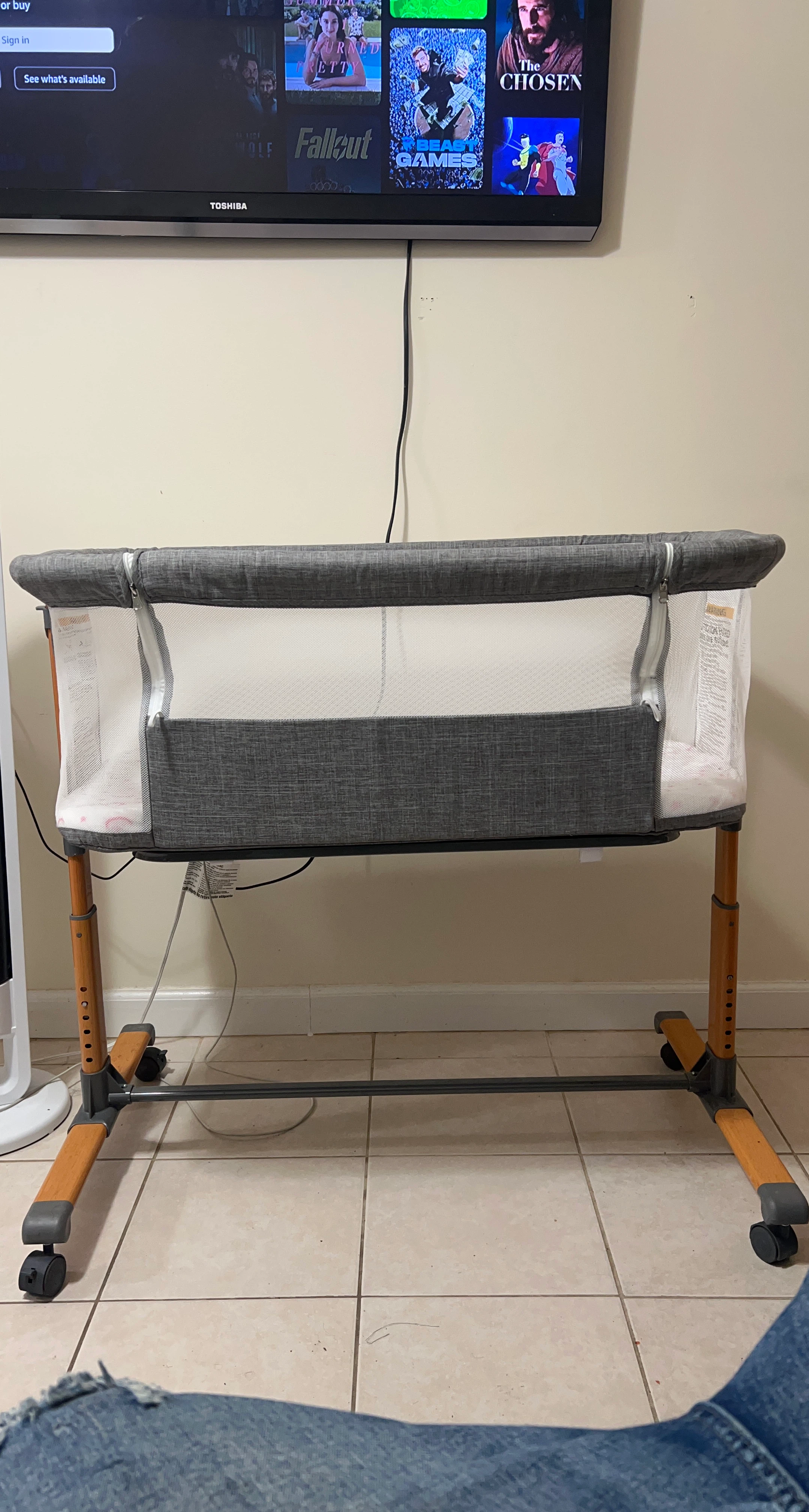 Grey Bassinet with Mesh Sides