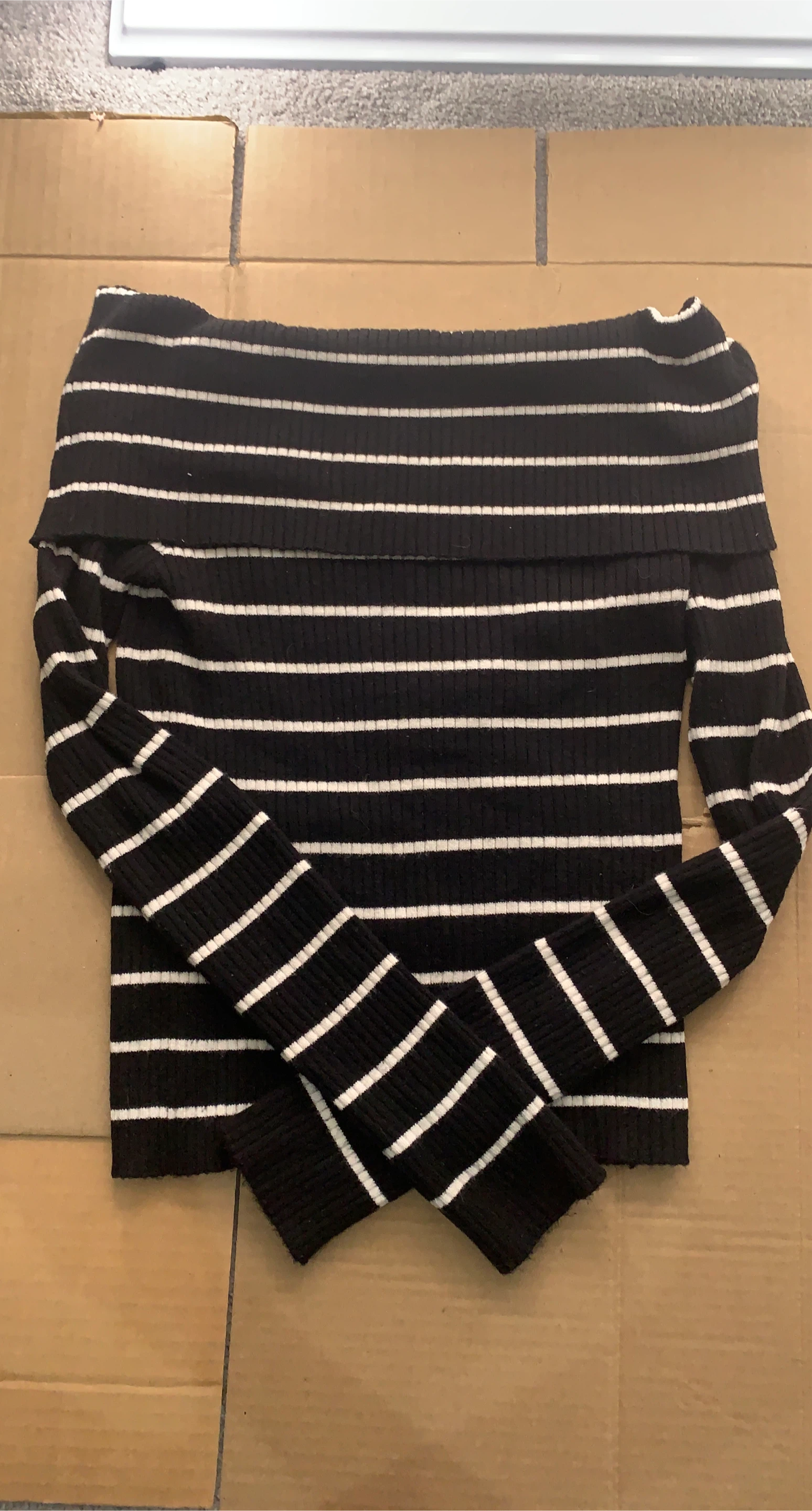 Black and White Striped Off-the-Shoulder Sweater