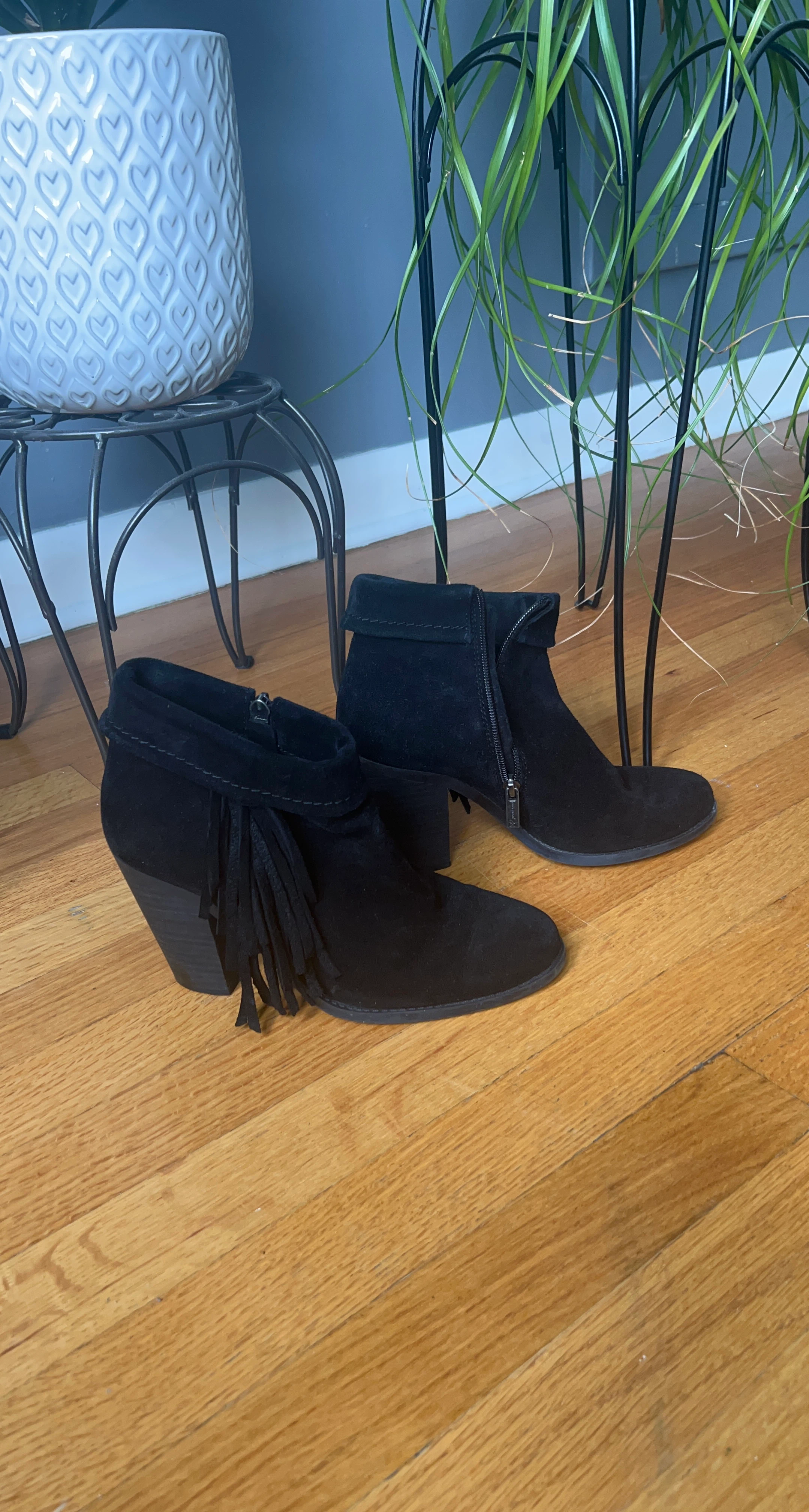 Black Suede Fringe Ankle Boots