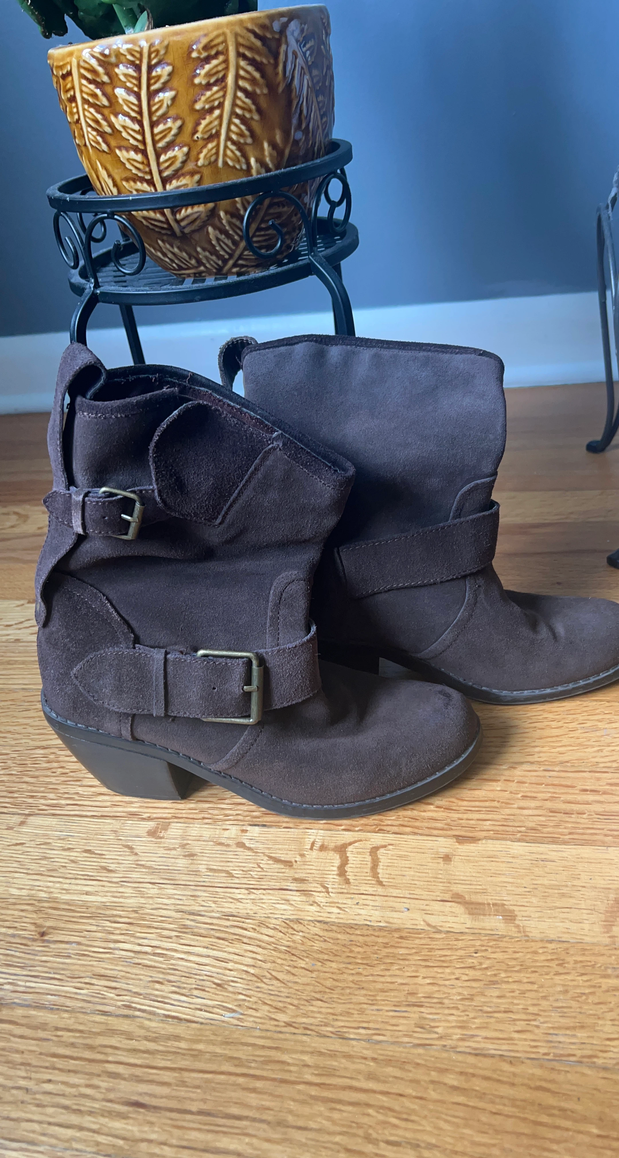 Brown Suede Ankle Boots with Buckle Detail