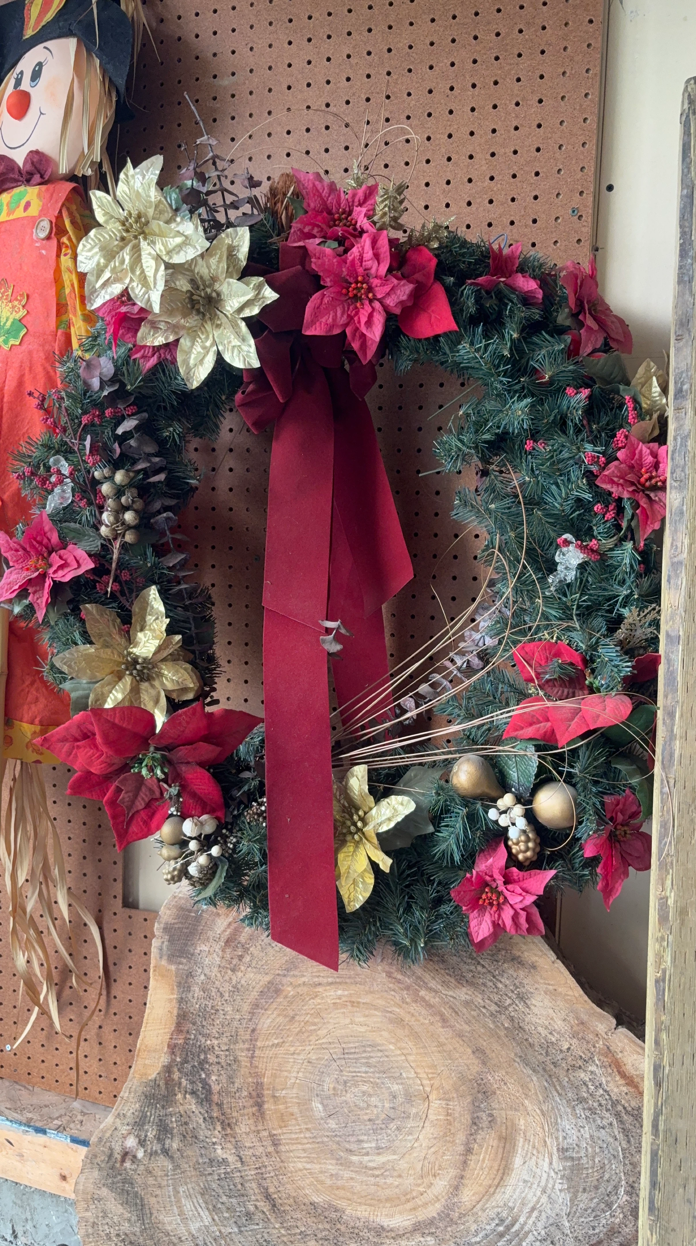 Christmas Poinsettia Wreath with Berries and Pinecones