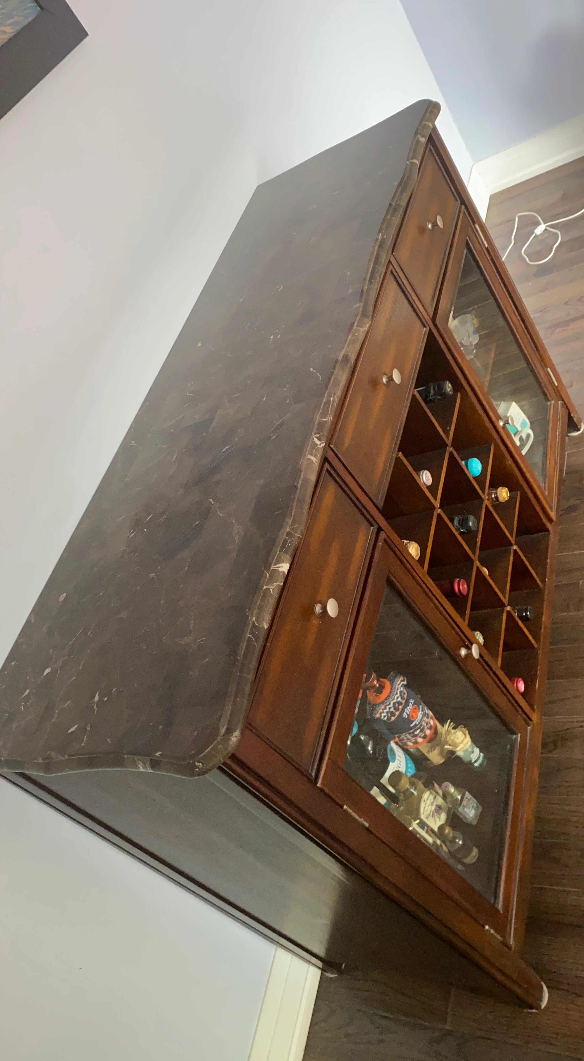 Marble TOP Wooden Liquor Cabinet with Glass Doors