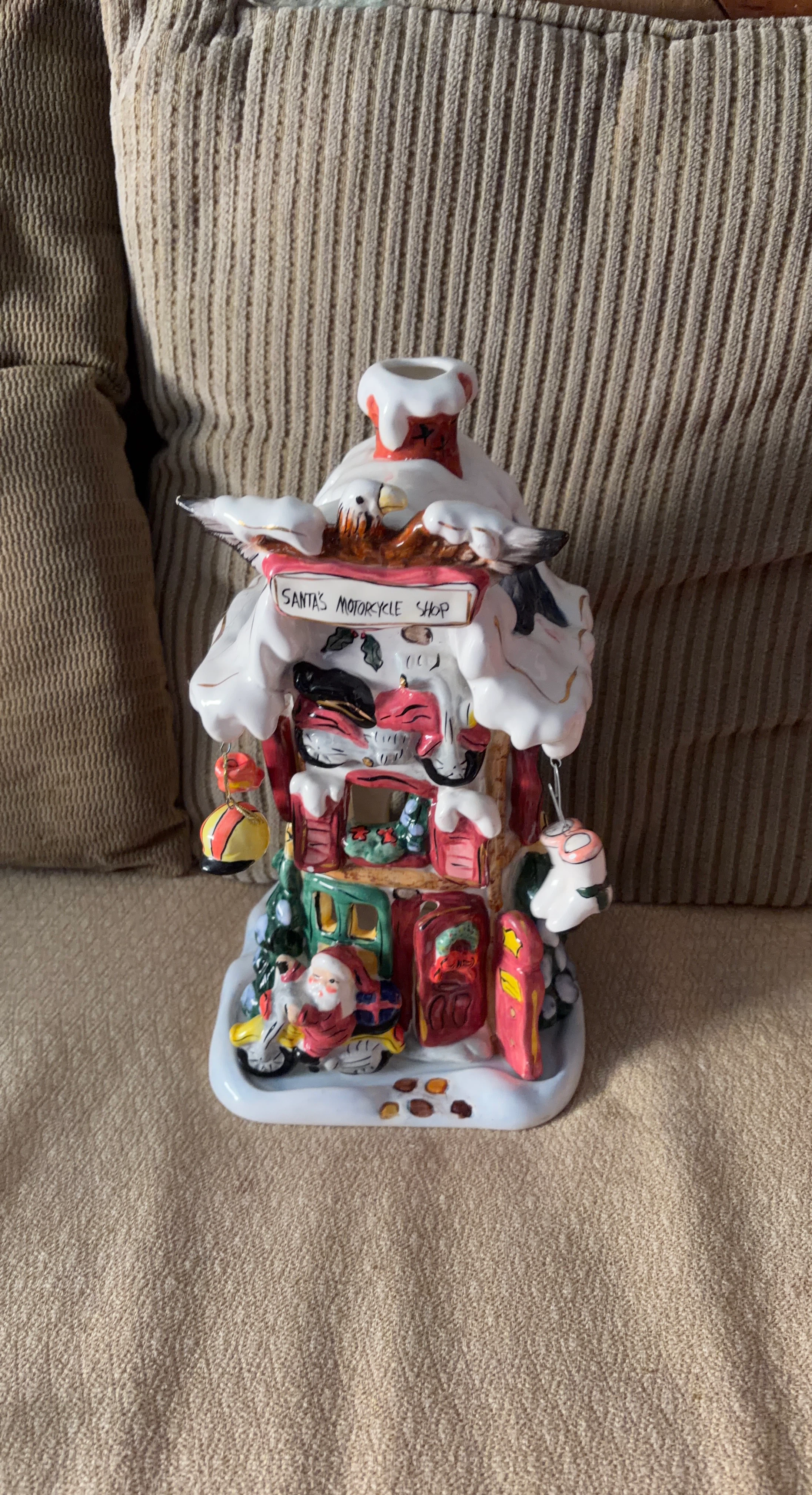 Ceramic Santa's Motorcycle Shop Christmas Decor