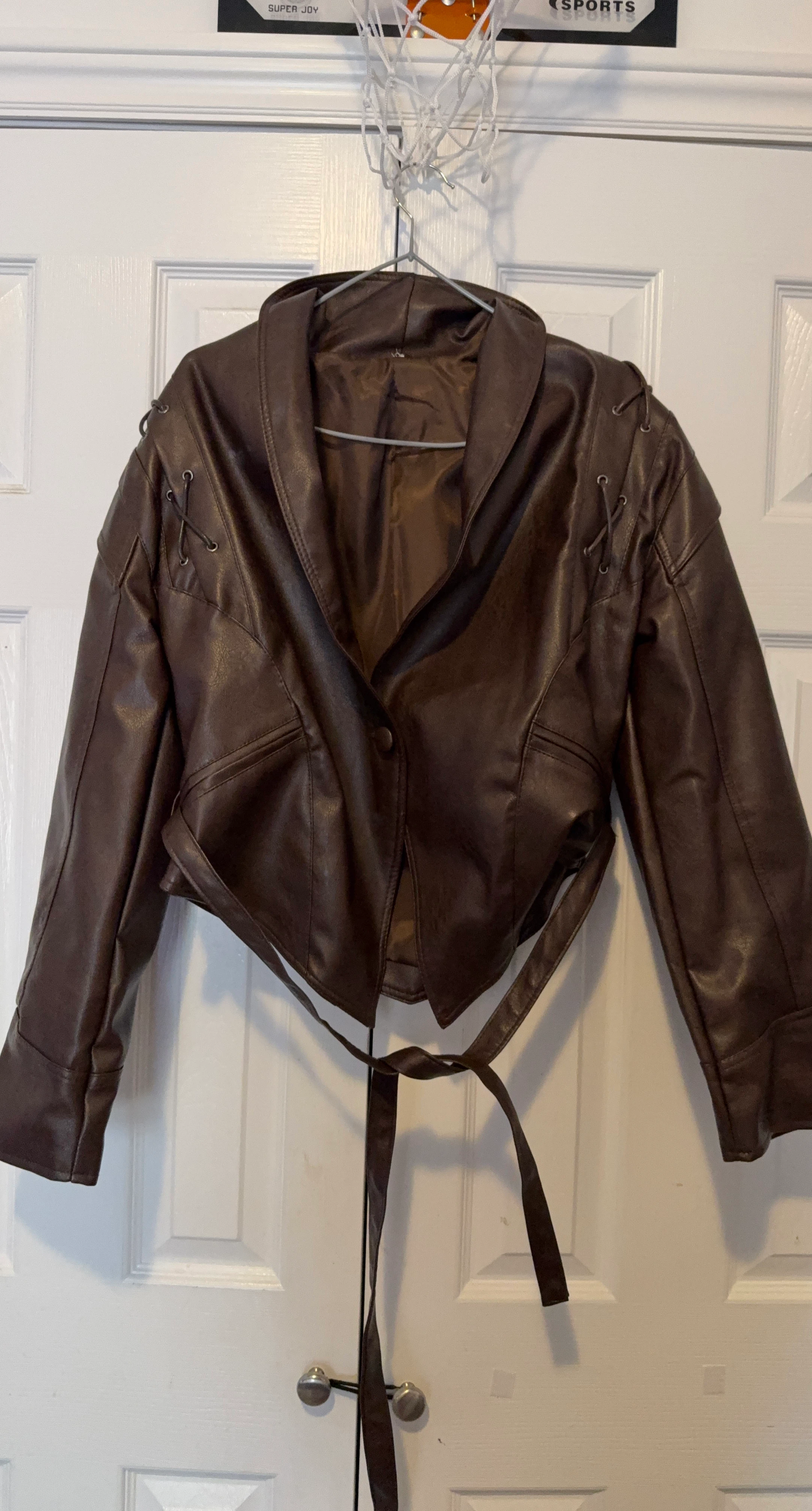 Brown Faux Leather Jacket with Lacing Detail