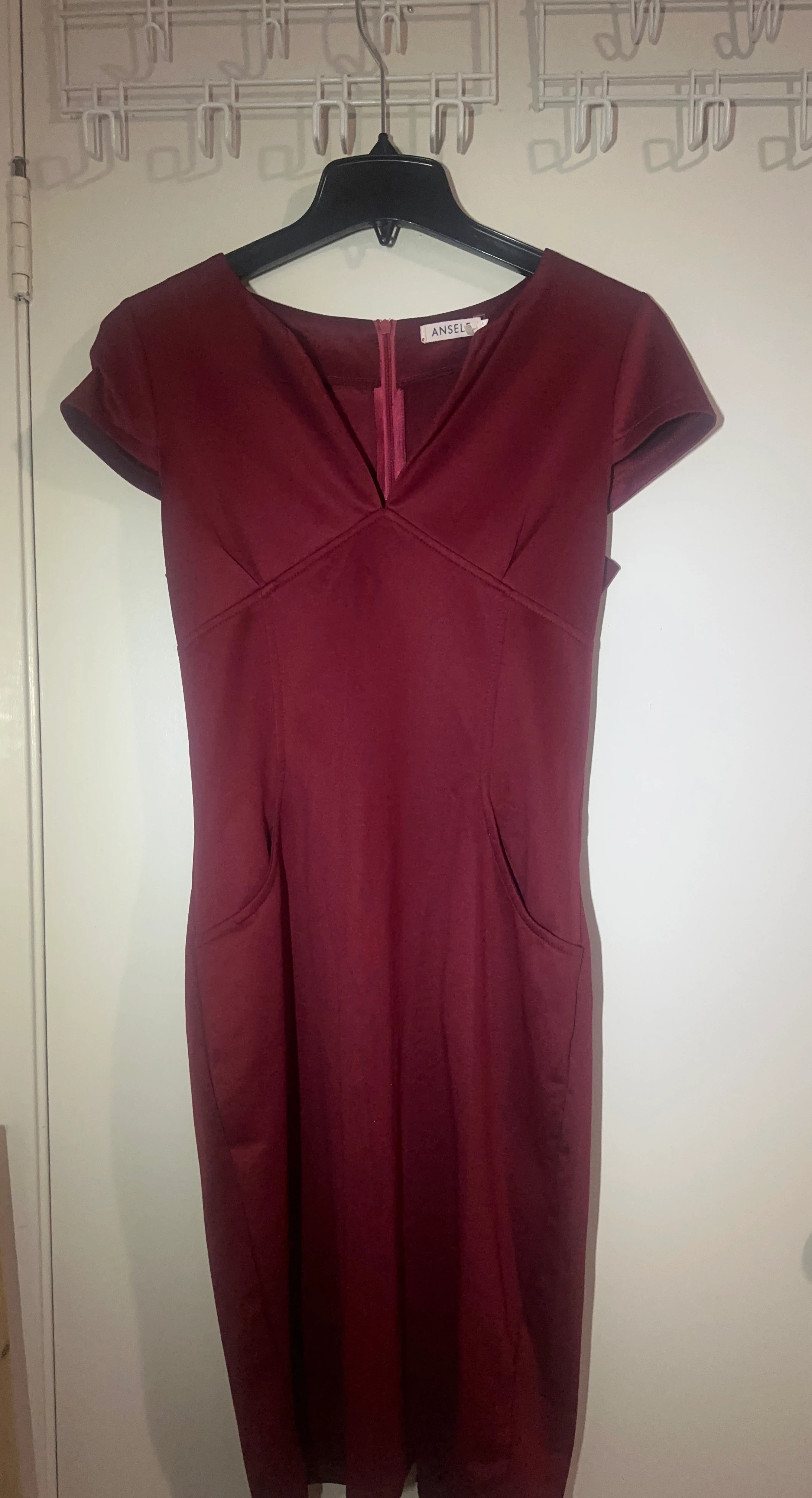Burgundy V-neck Cap Sleeve Dress with Pockets