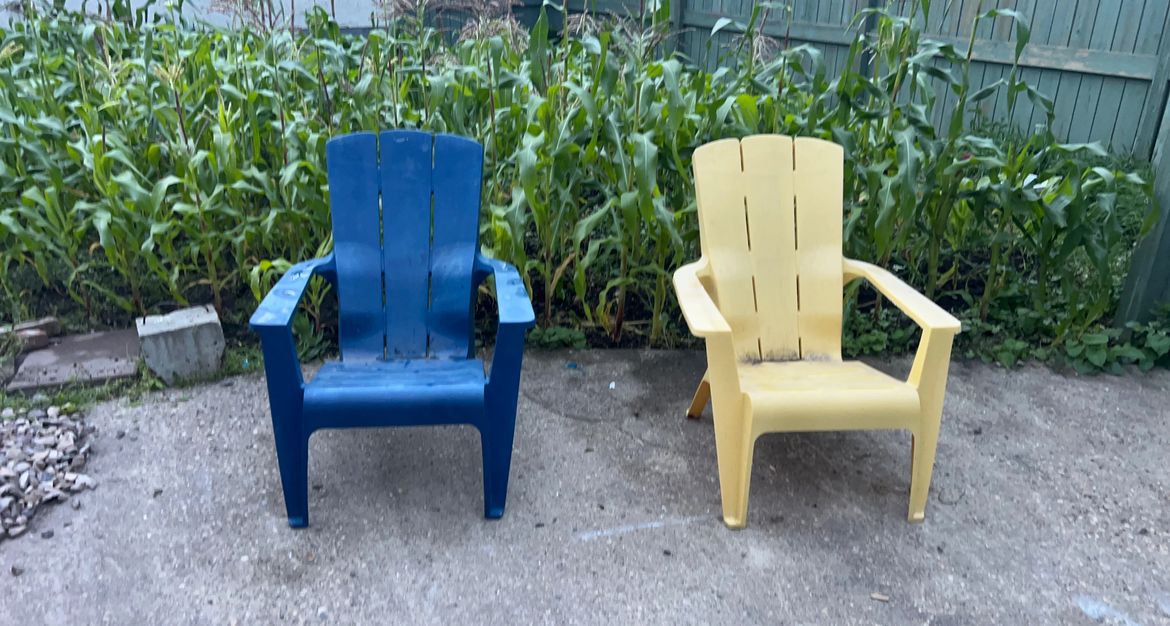 Blue and Yellow Plastic Adirondack Chairs 15 each