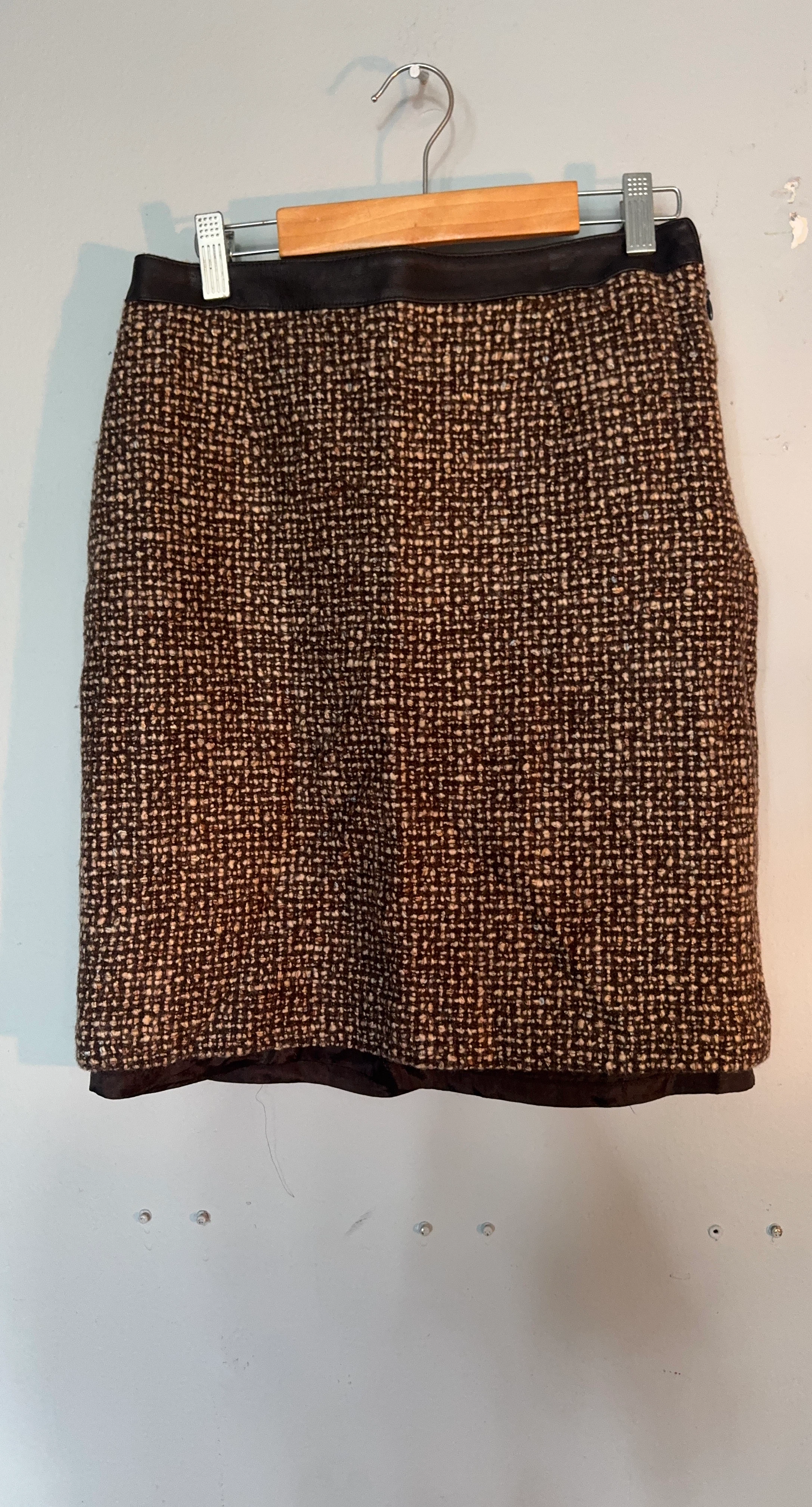Brown Tweed Mini Skirt with Faux Leather Trim
