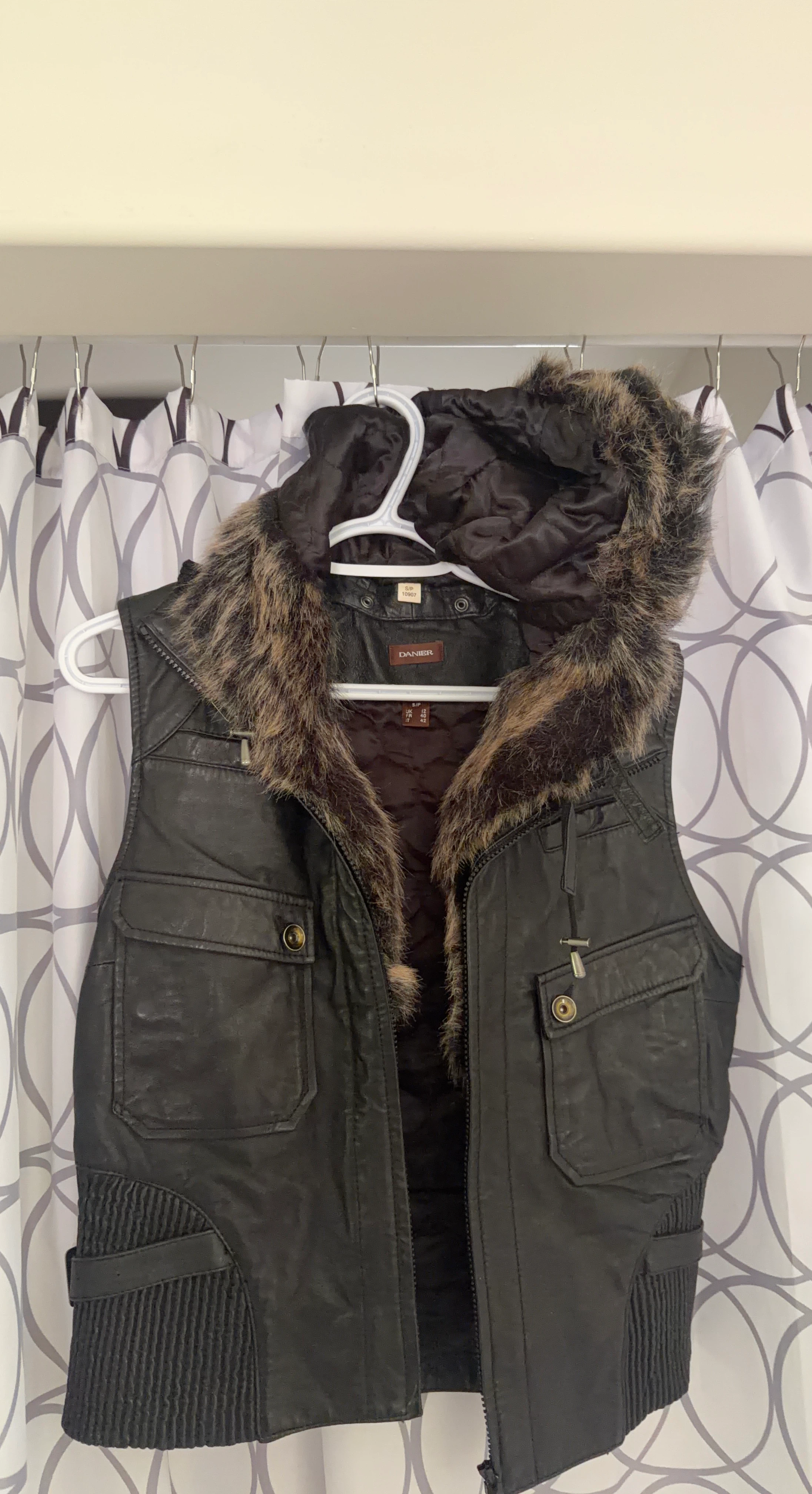 Danier Black Leather Vest with Fur Trim Hood