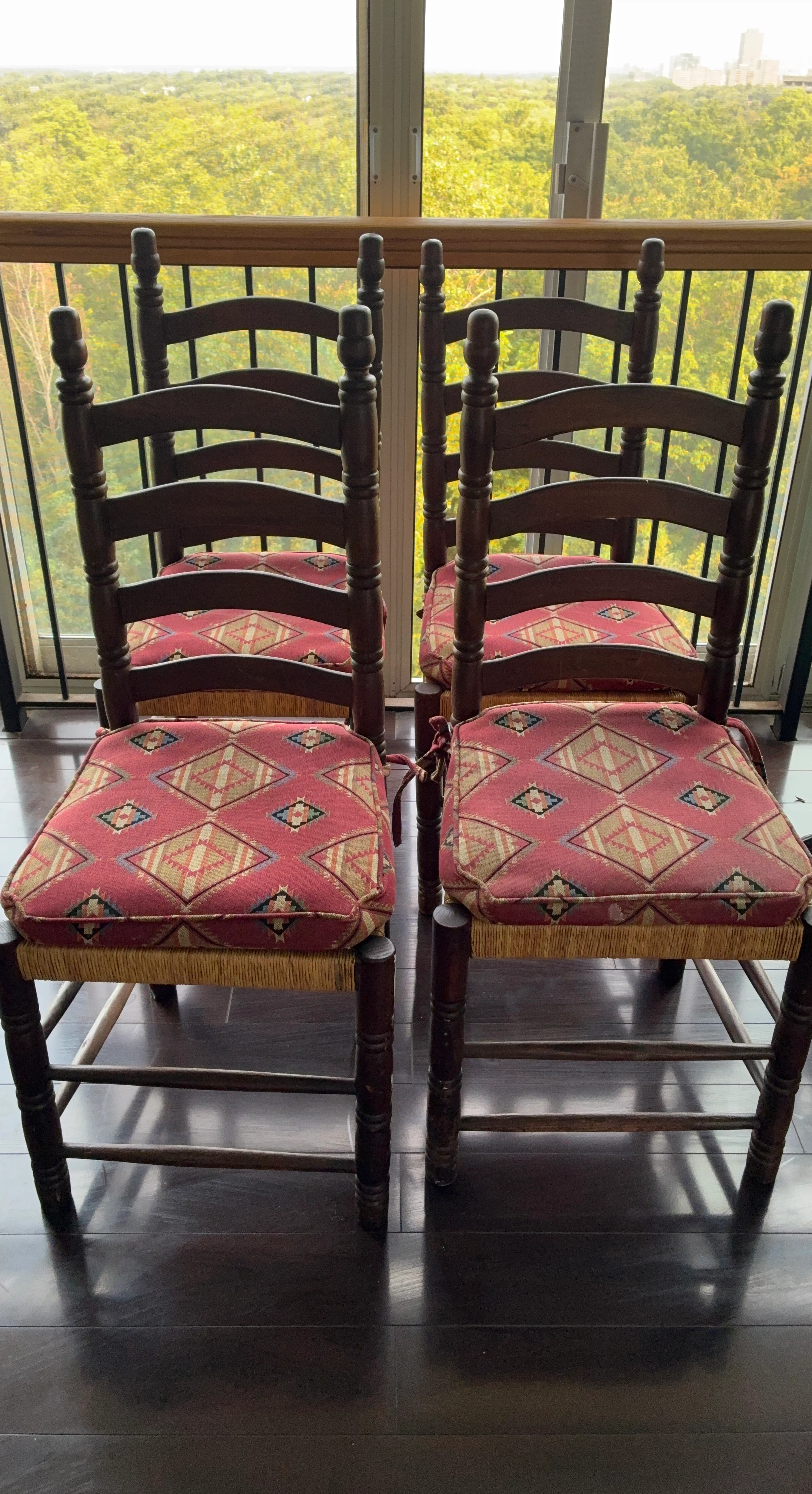 Set of 5 Wooden Dining Chairs with Red Patterned Cushions