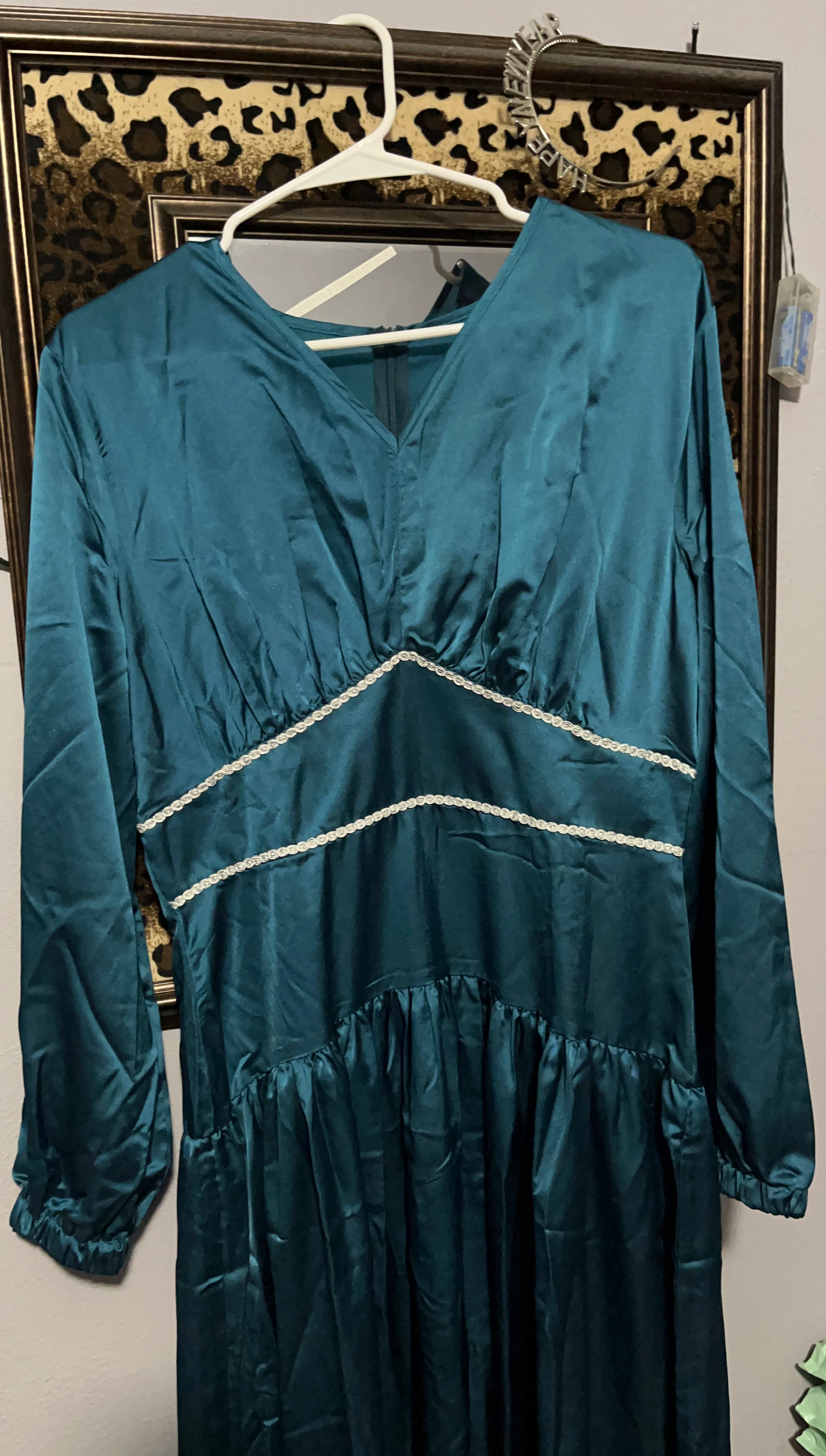 Teal Satin Dress with White Trim
