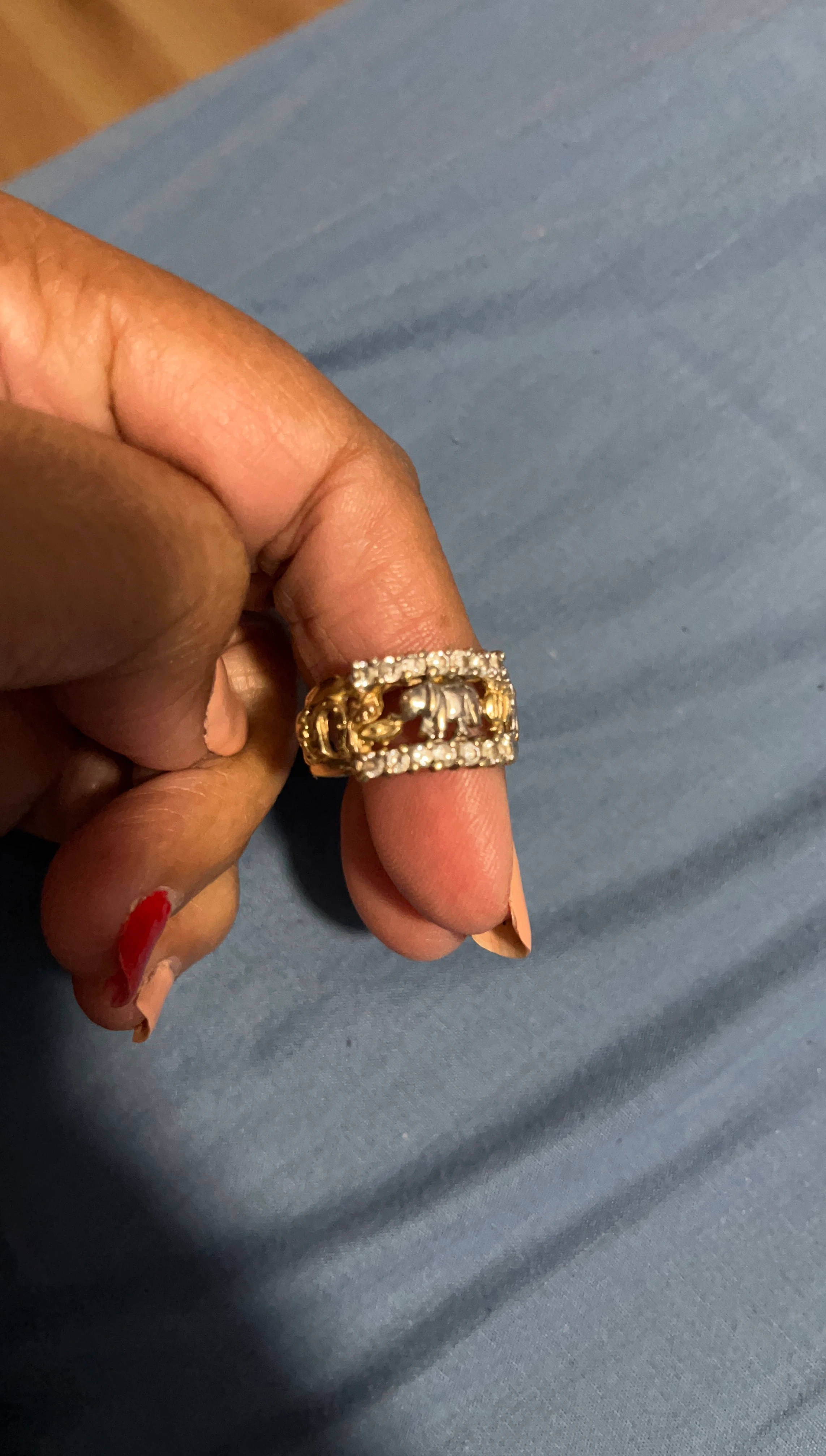 Gold Tone Elephant Ring with Clear Stones