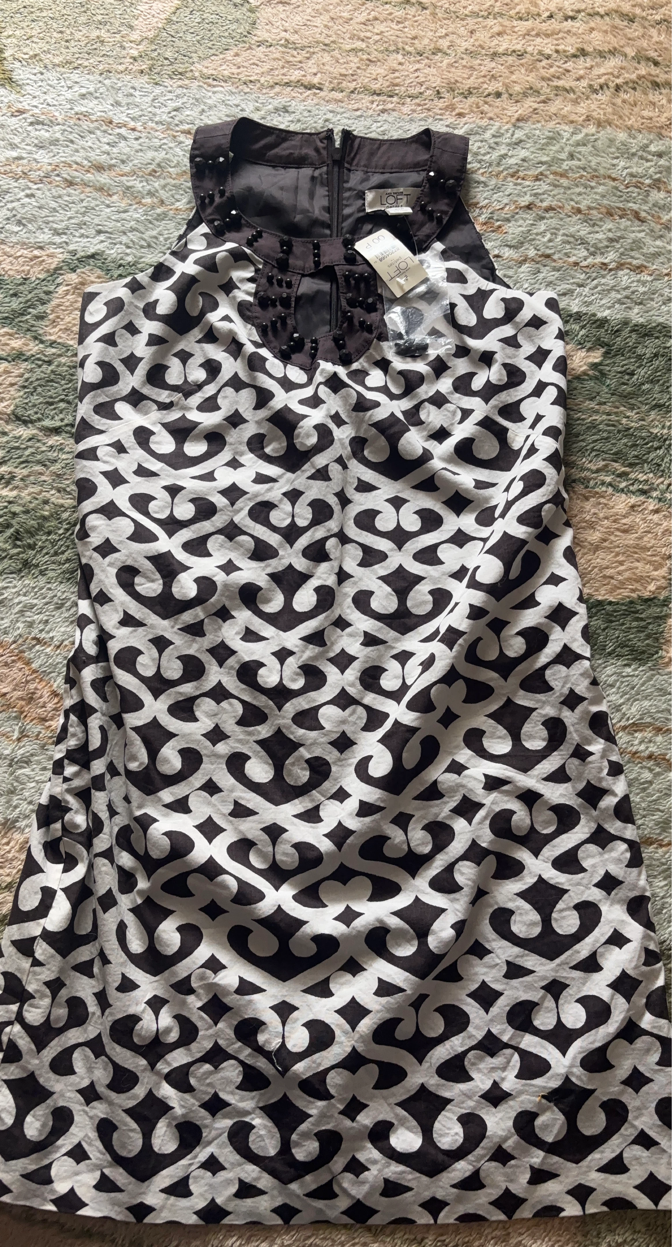 LOFT Black and White Patterned Dress with Embellished Neckline