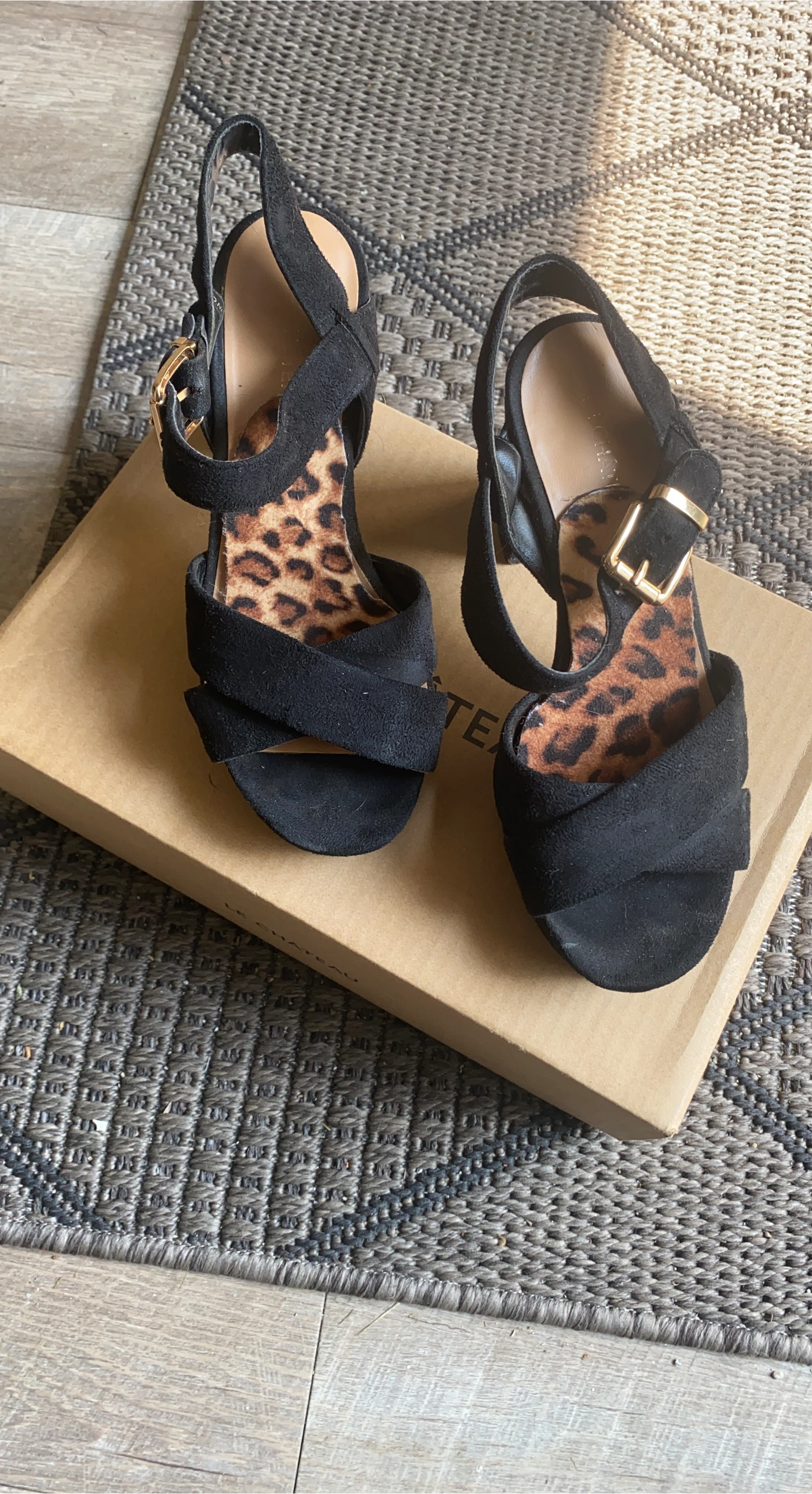 Le Château Black Suede Heels with Leopard Print Insole