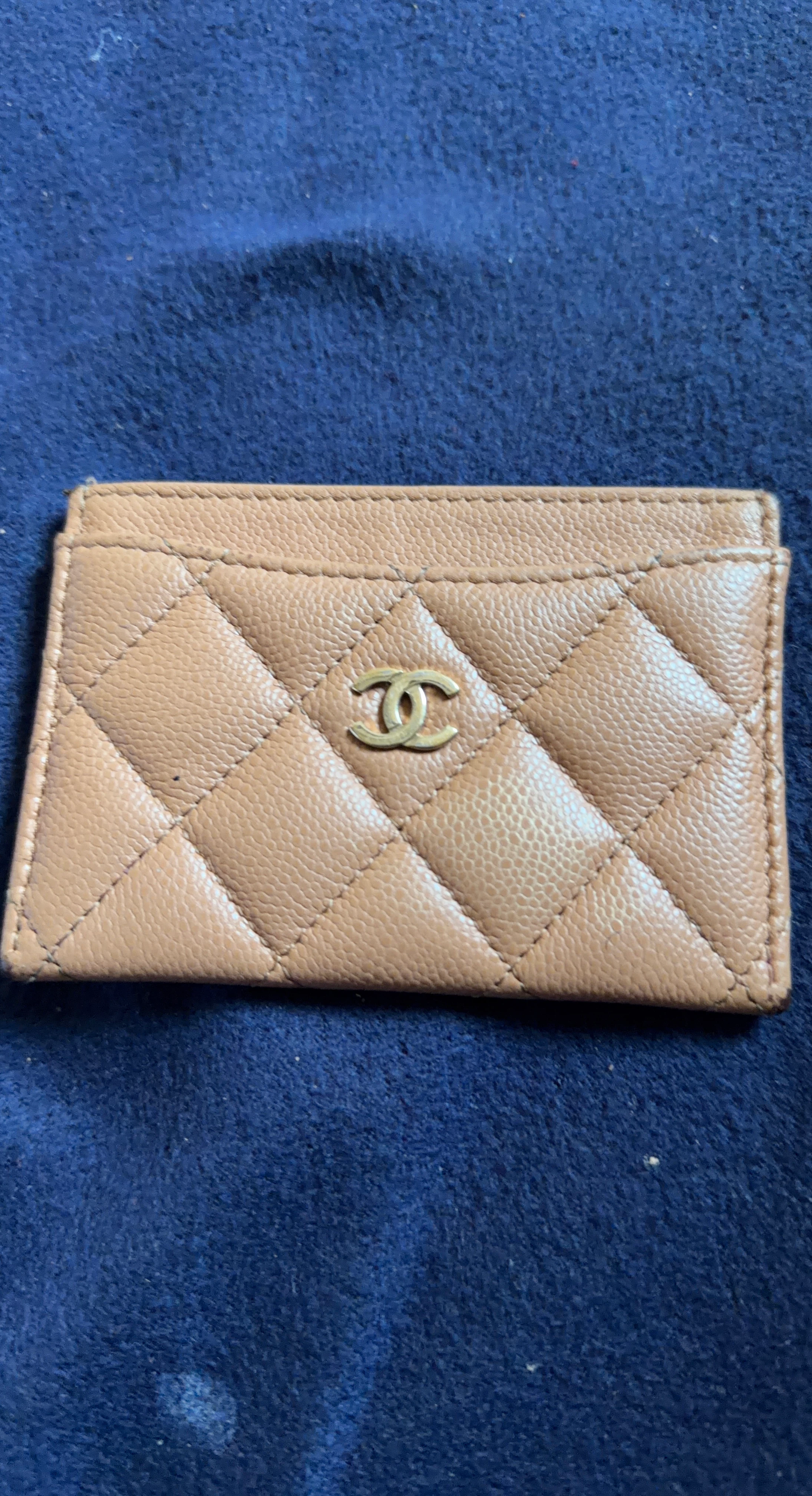 Chanel Quilted Card Holder - Beige Caviar Leather