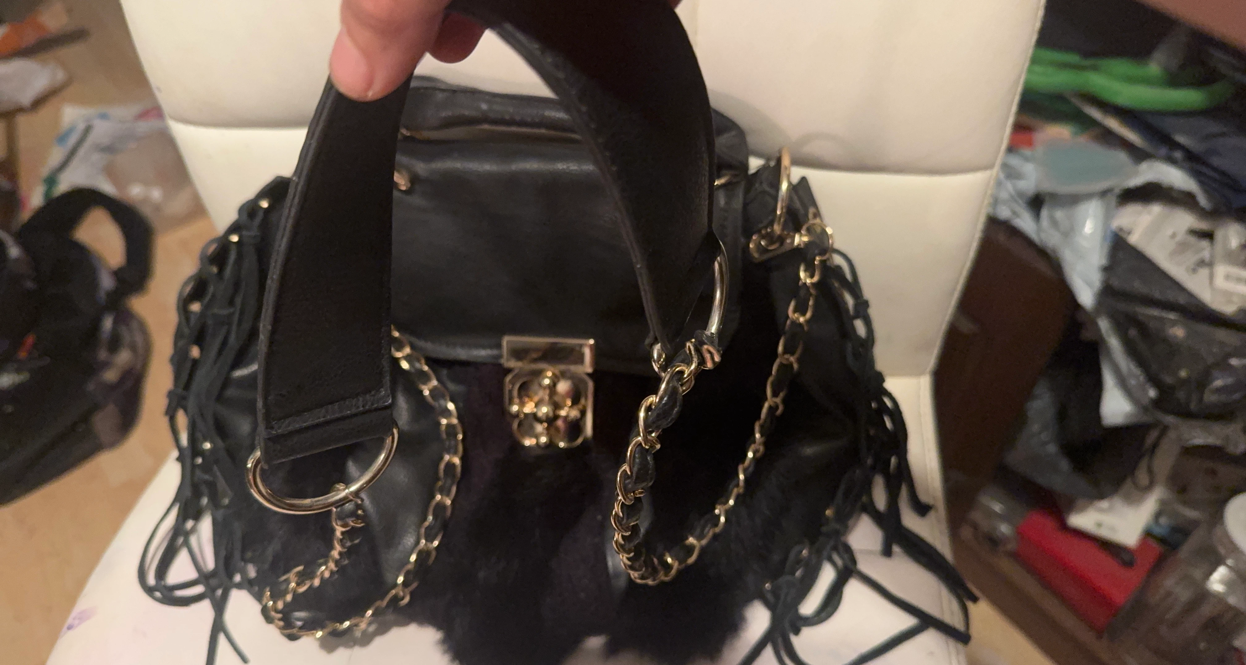 Black Faux Fur & Leather Shoulder Bag with Fringe