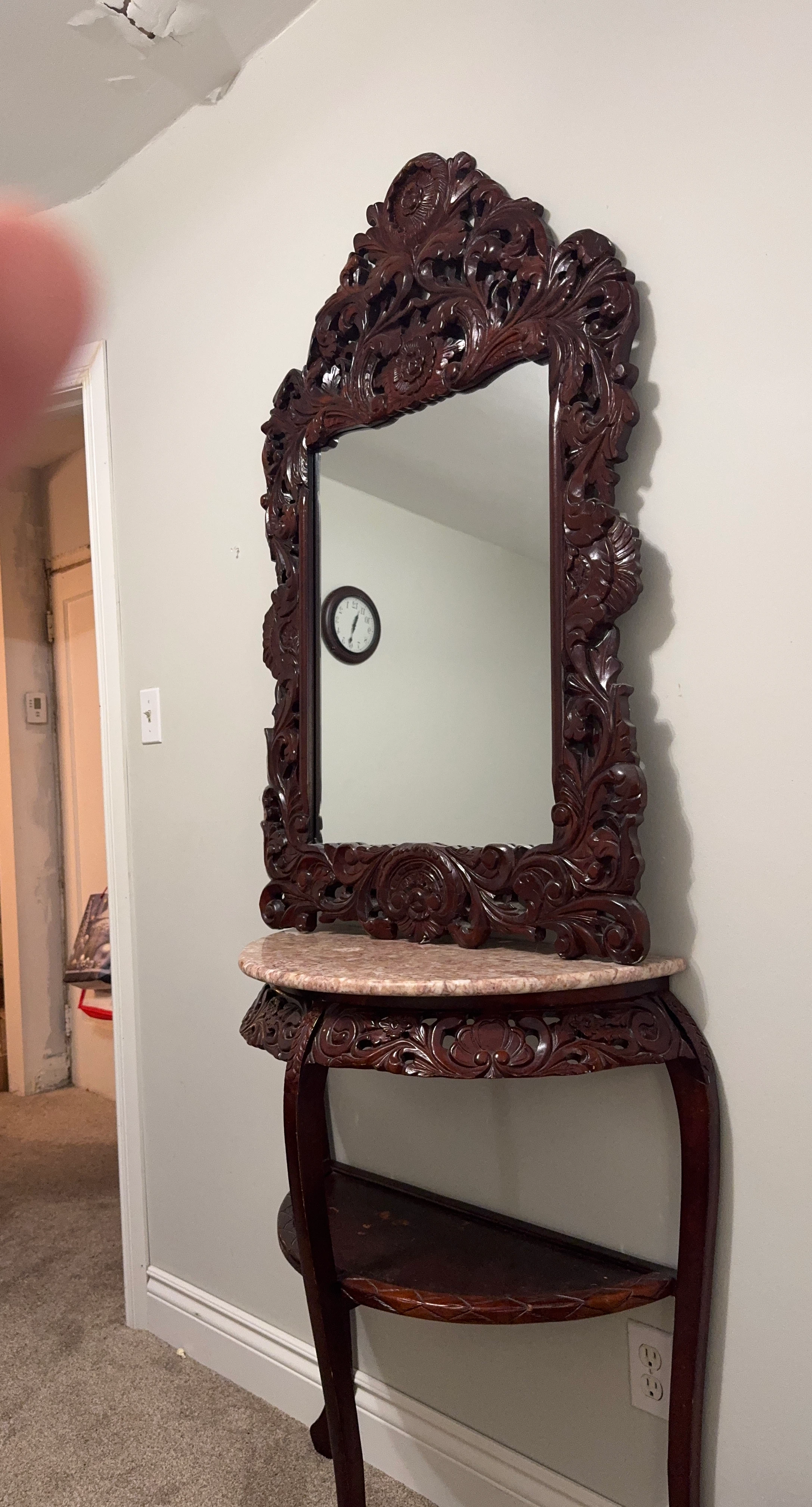 Ornate Carved Wood Console Table with Marble Top