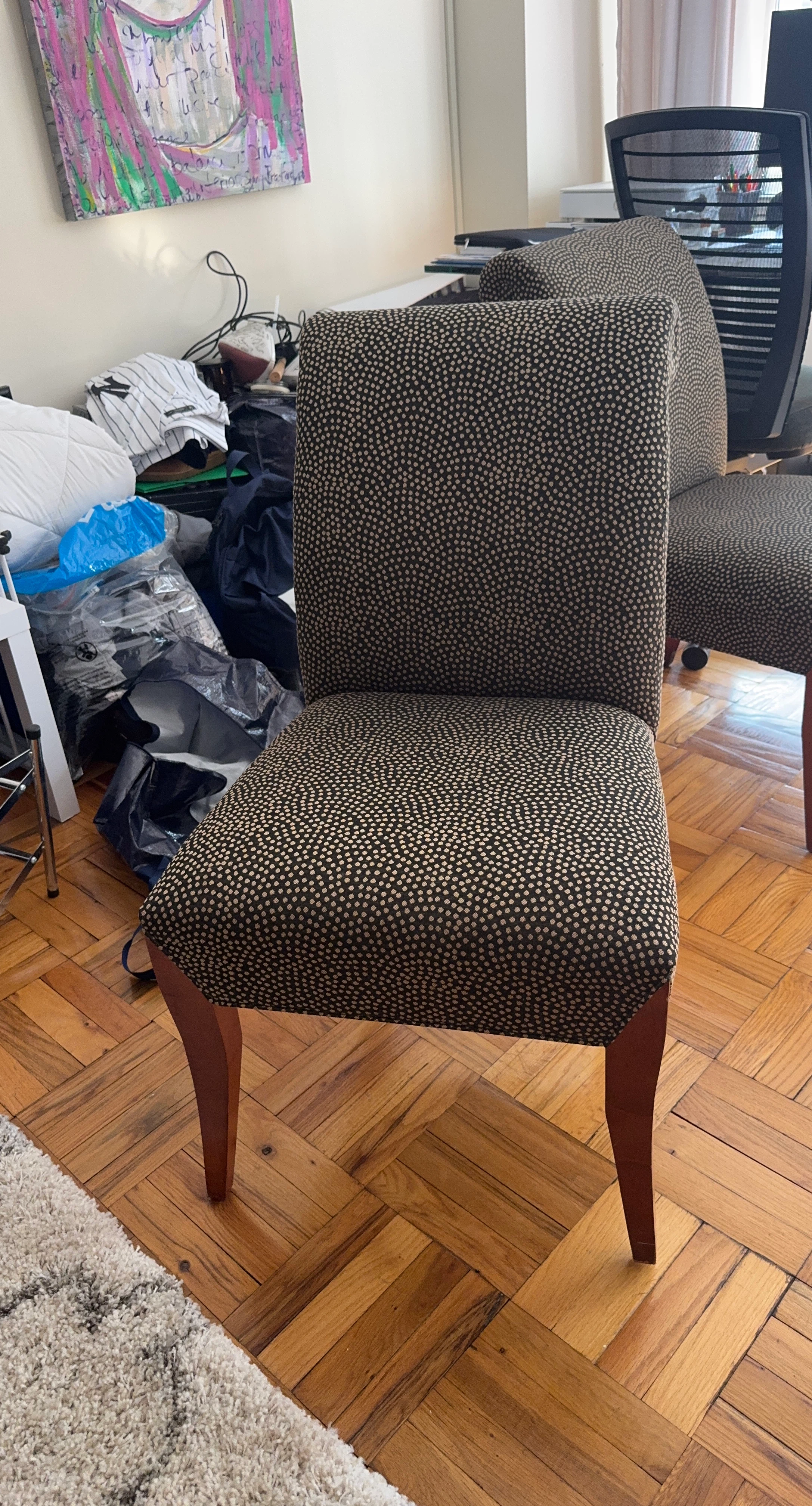 6 Dining Chairs with Brown and Tan Patterned Fabric