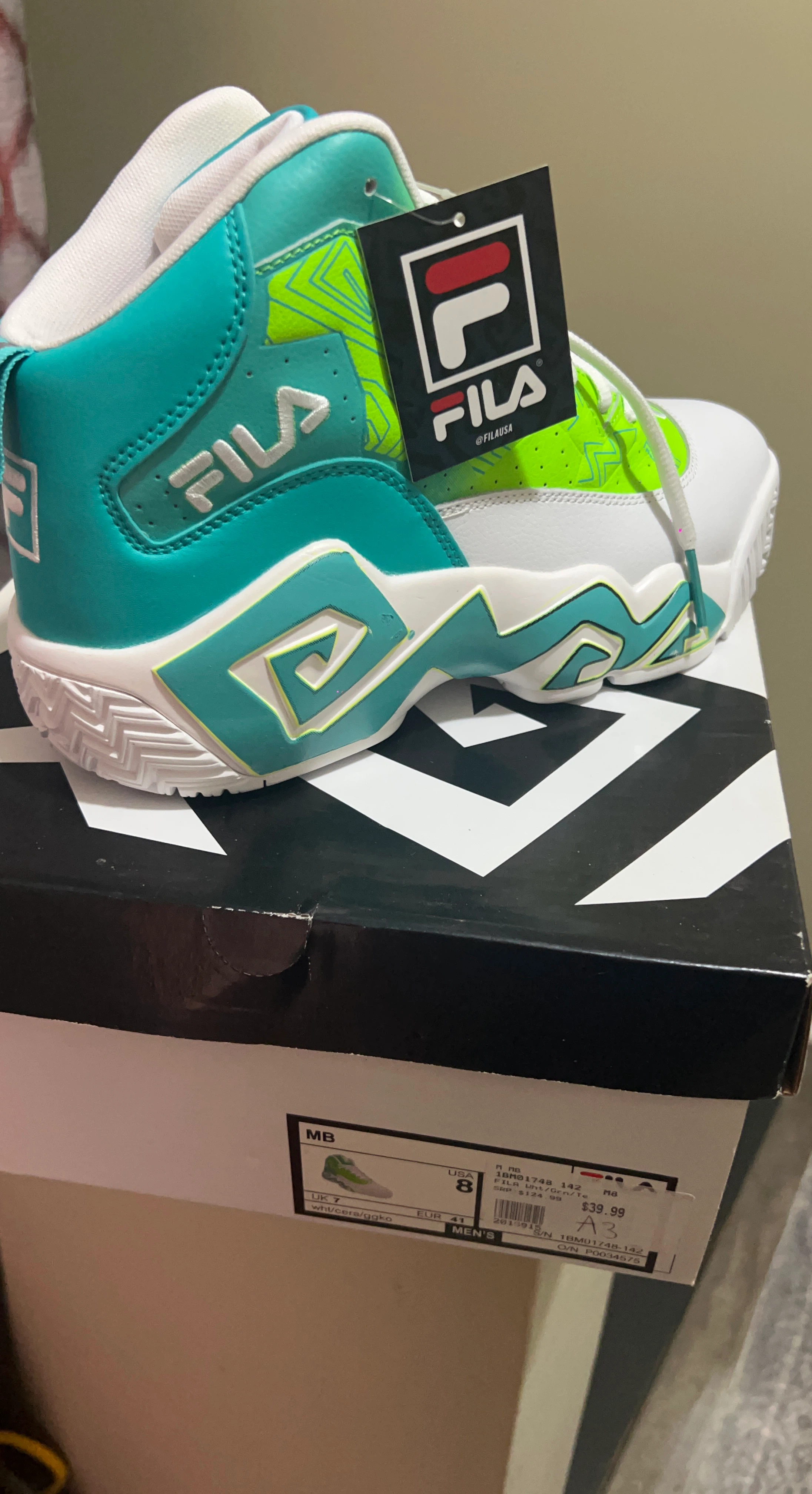 Fila MB Men's Basketball Shoes Teal/Lime Green Size 8