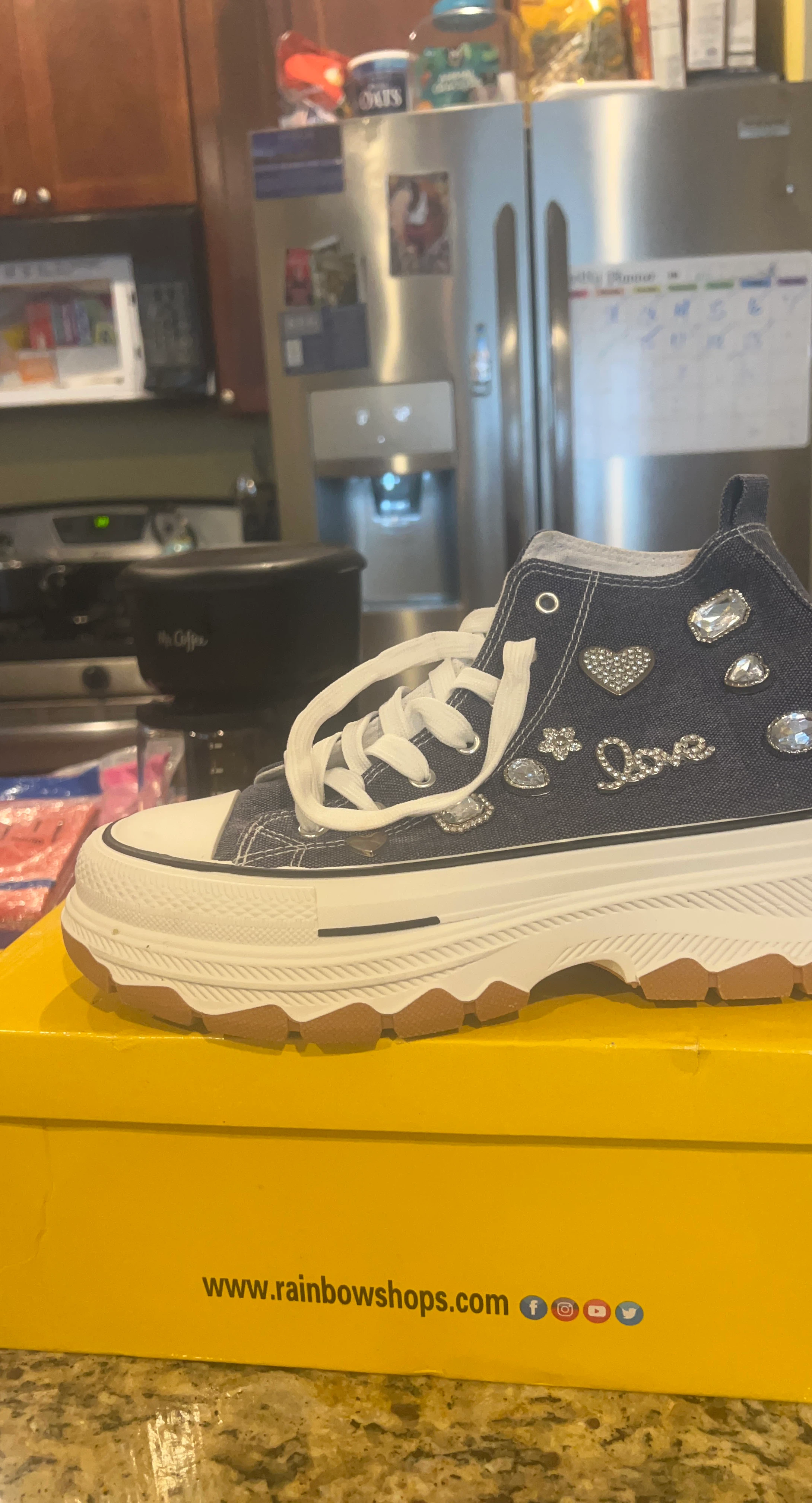 Women's Denim High-Top Sneakers with Rhinestone Heart & "Love"