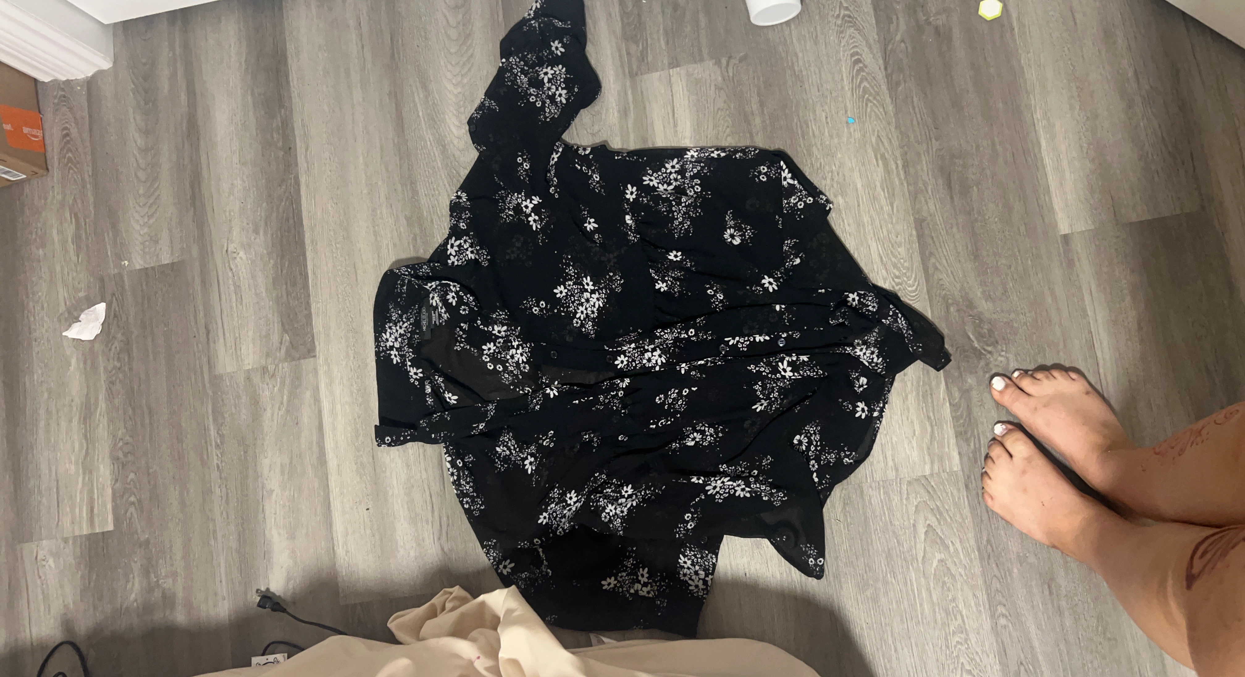 Black floral sheer button-up blouse