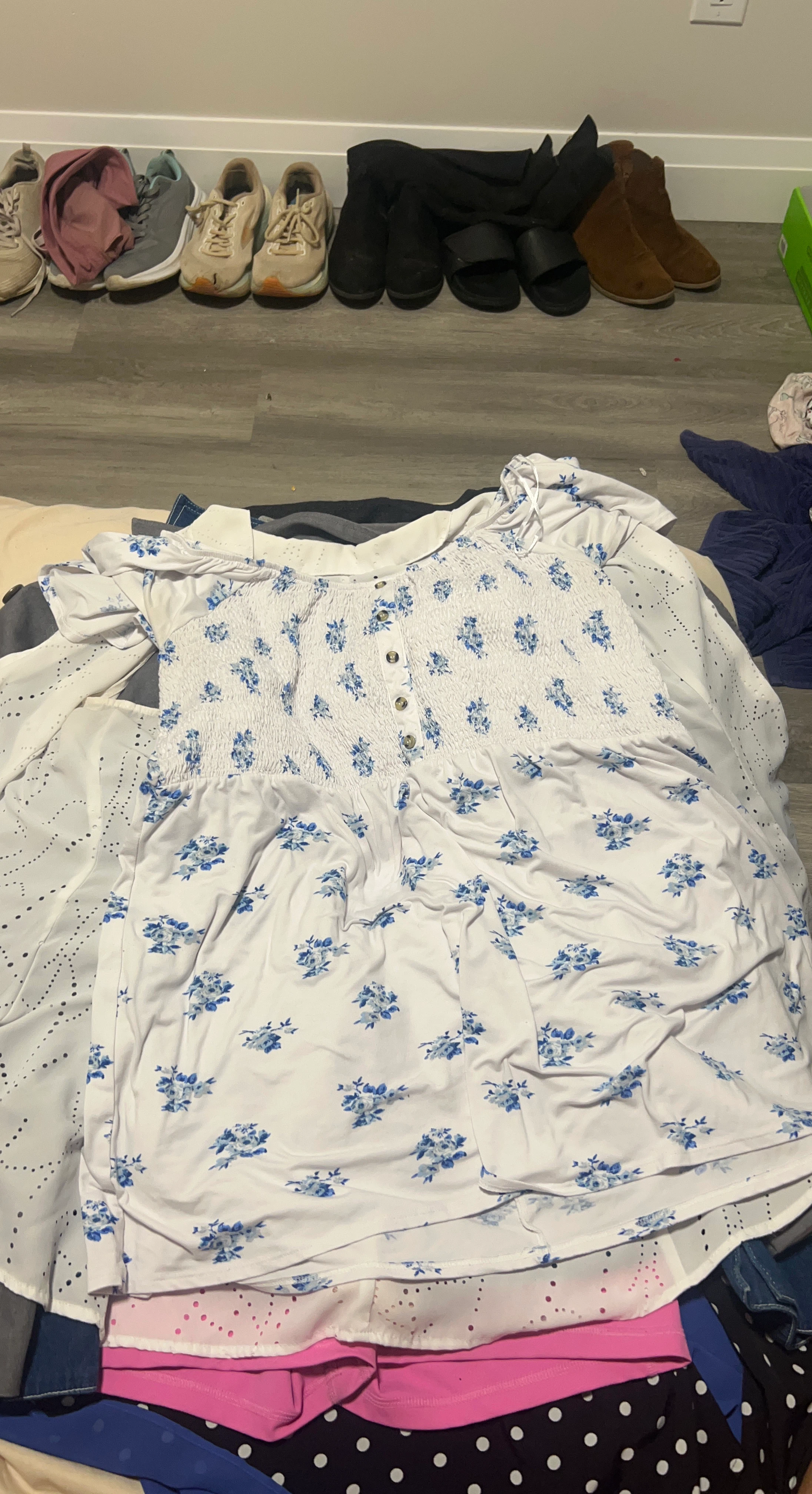 White Smocked Dress with Blue Floral Print