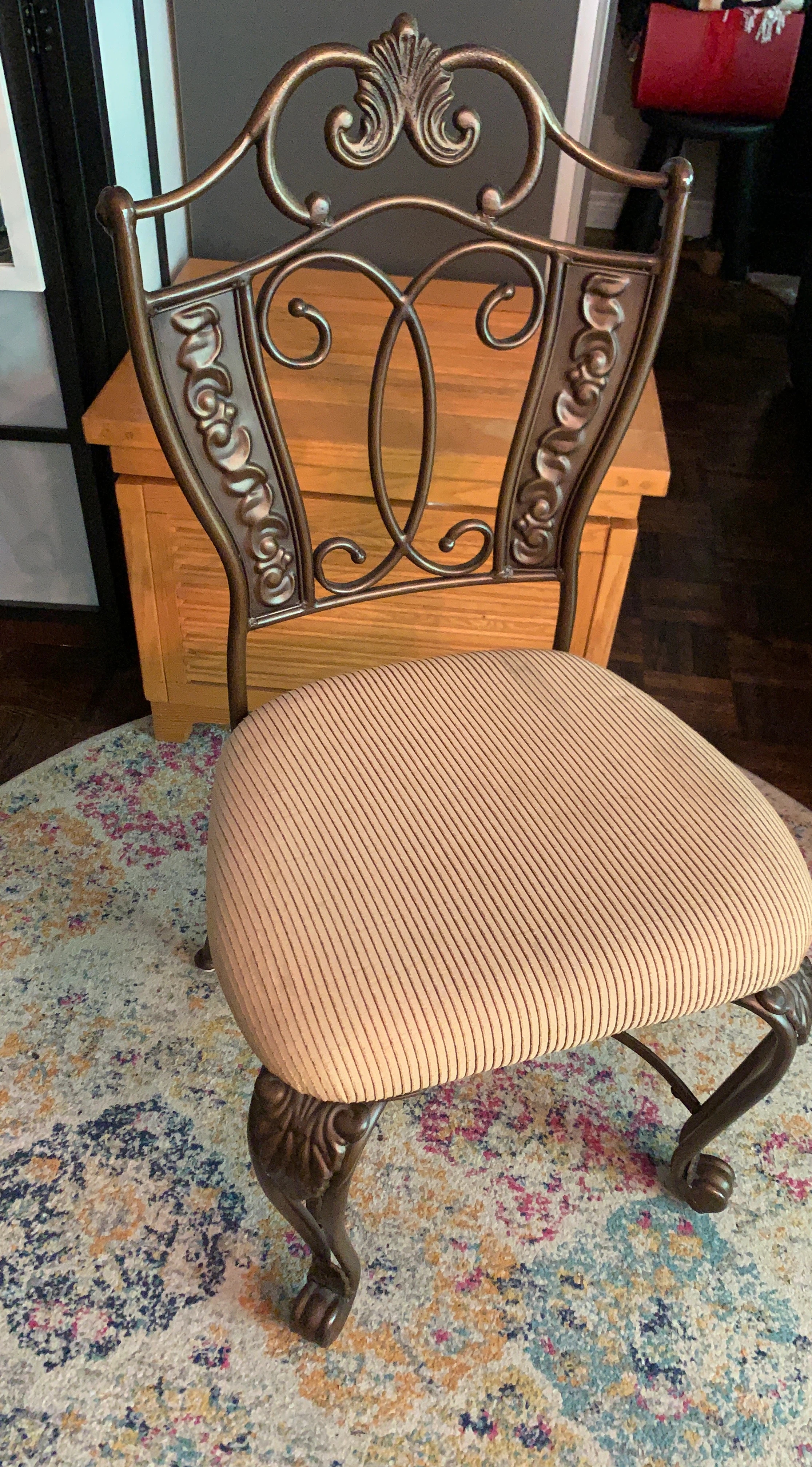 Ornate Metal Accent Chair with Striped Upholstery