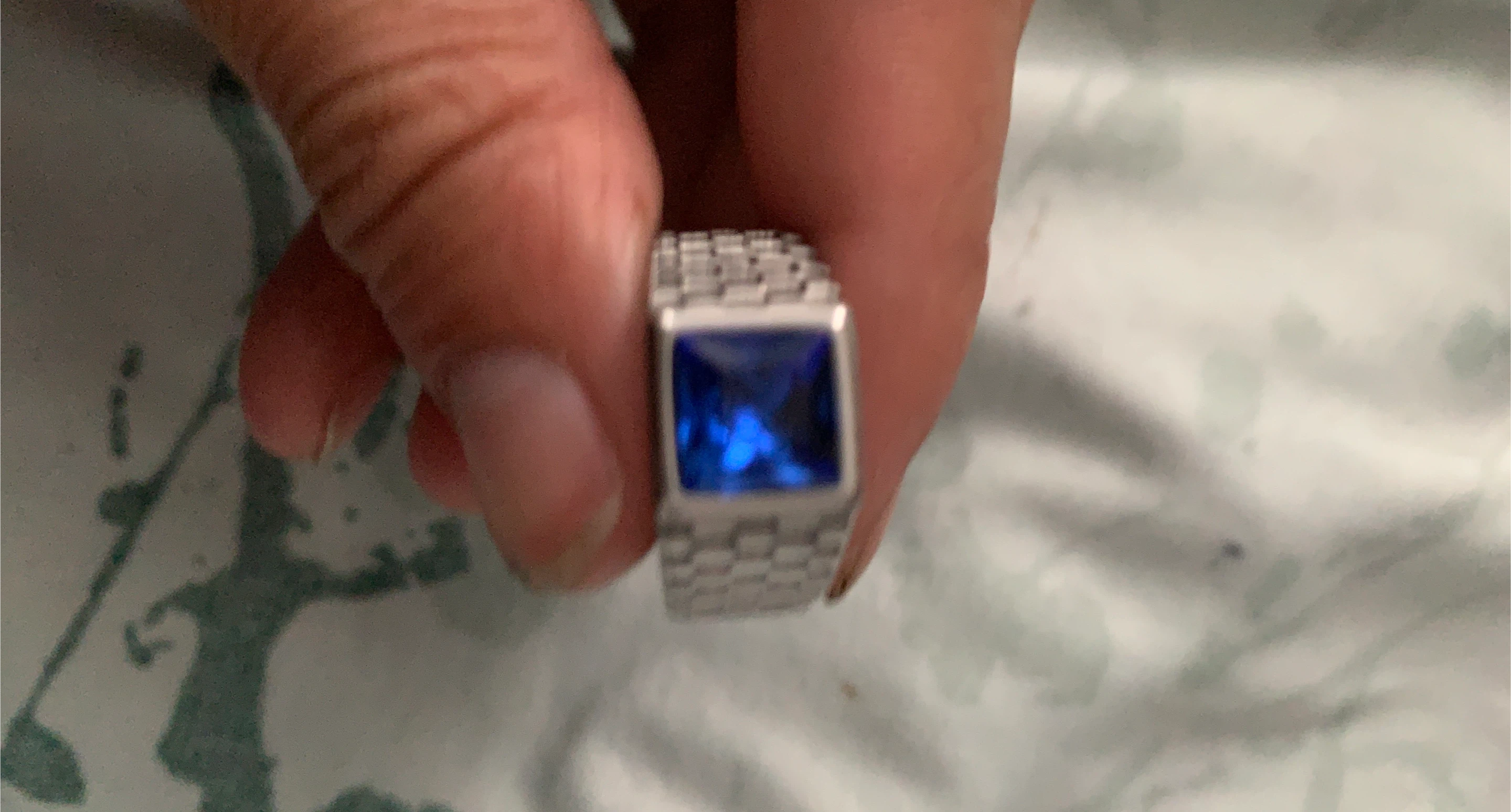 Men's Silver-Tone Ring with Blue Square Stone