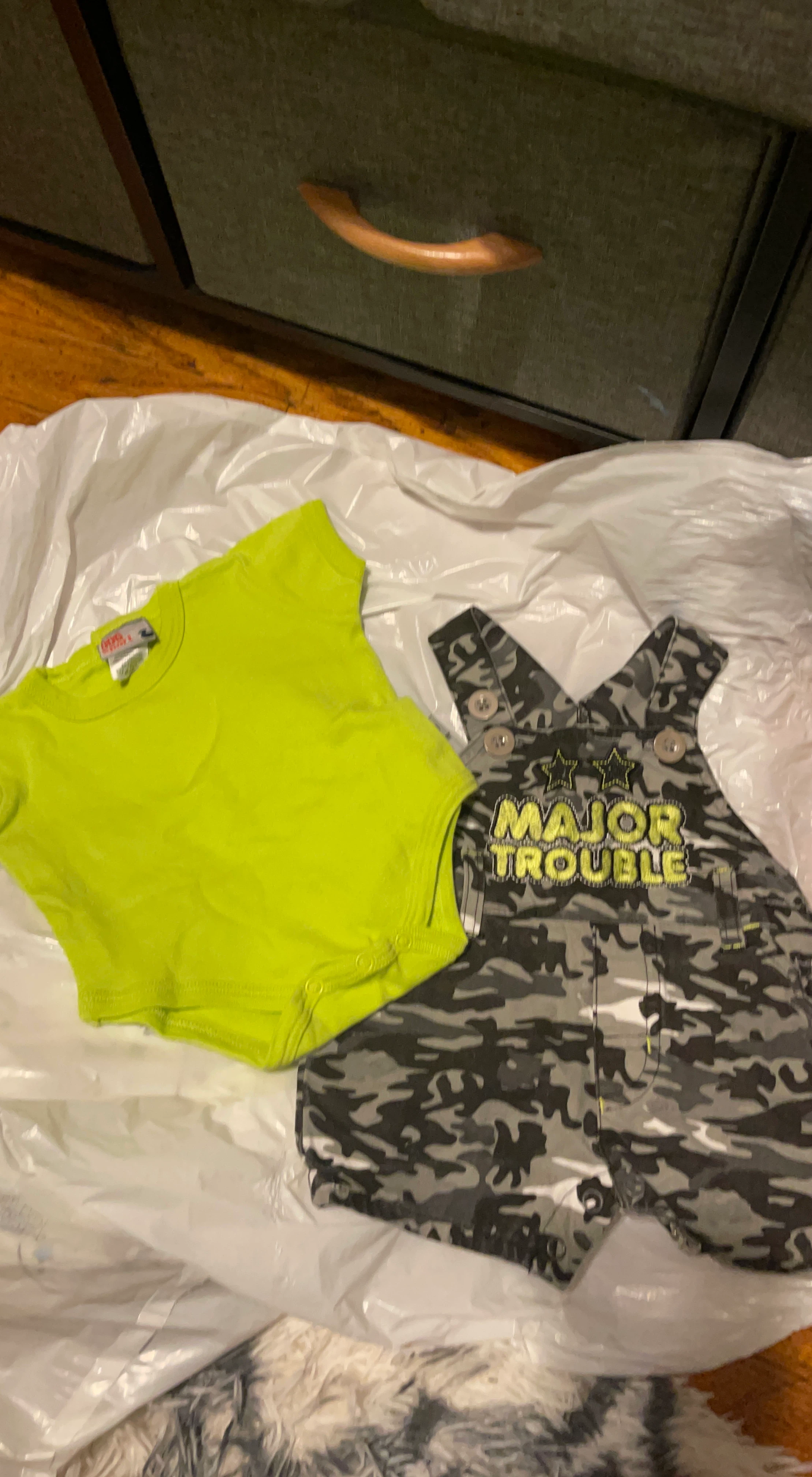 Baby Clothes Set: Neon Green Bodysuit & Camo Overalls