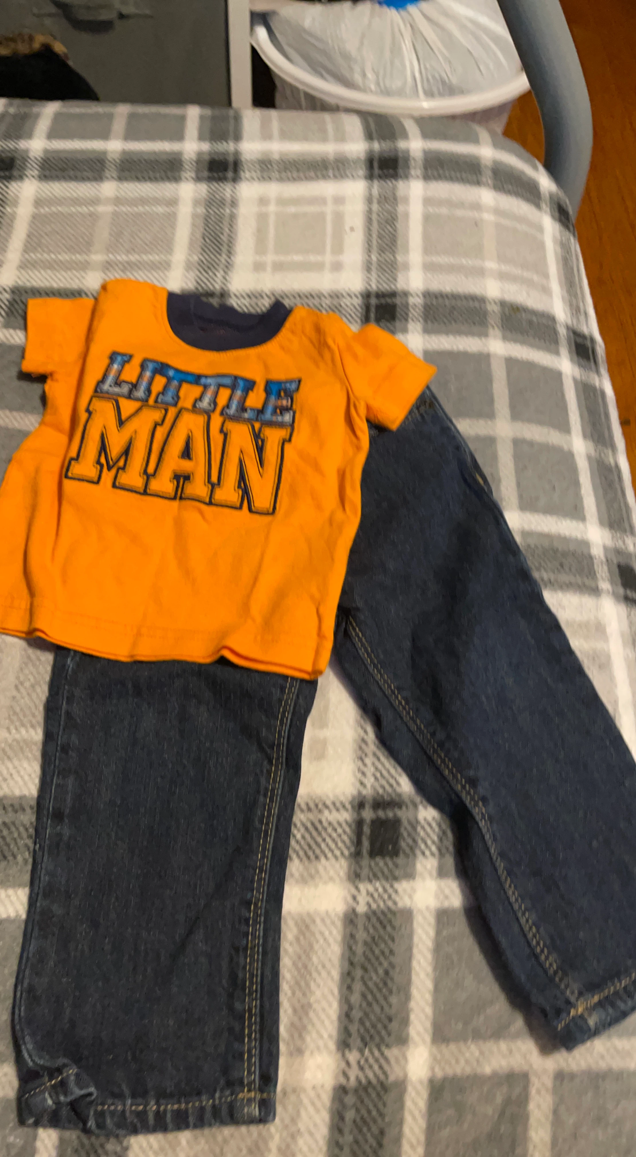 Boys Orange "Little Man" T-Shirt and Blue Jeans Set