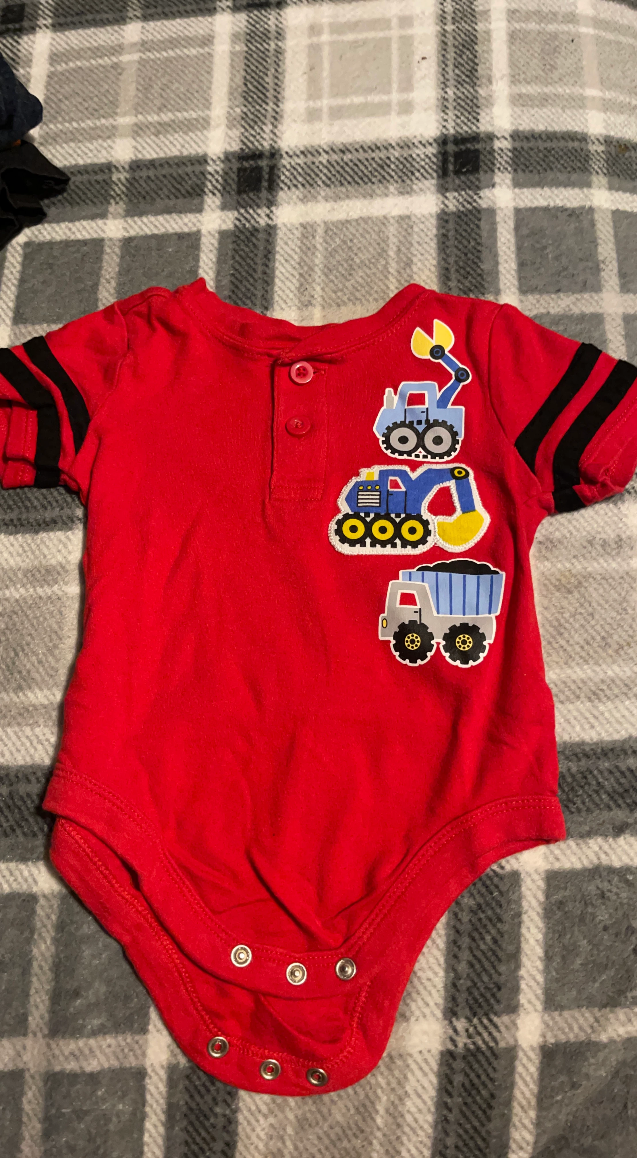 Red Baby Bodysuit with Construction Vehicles - Size 6-9 Months