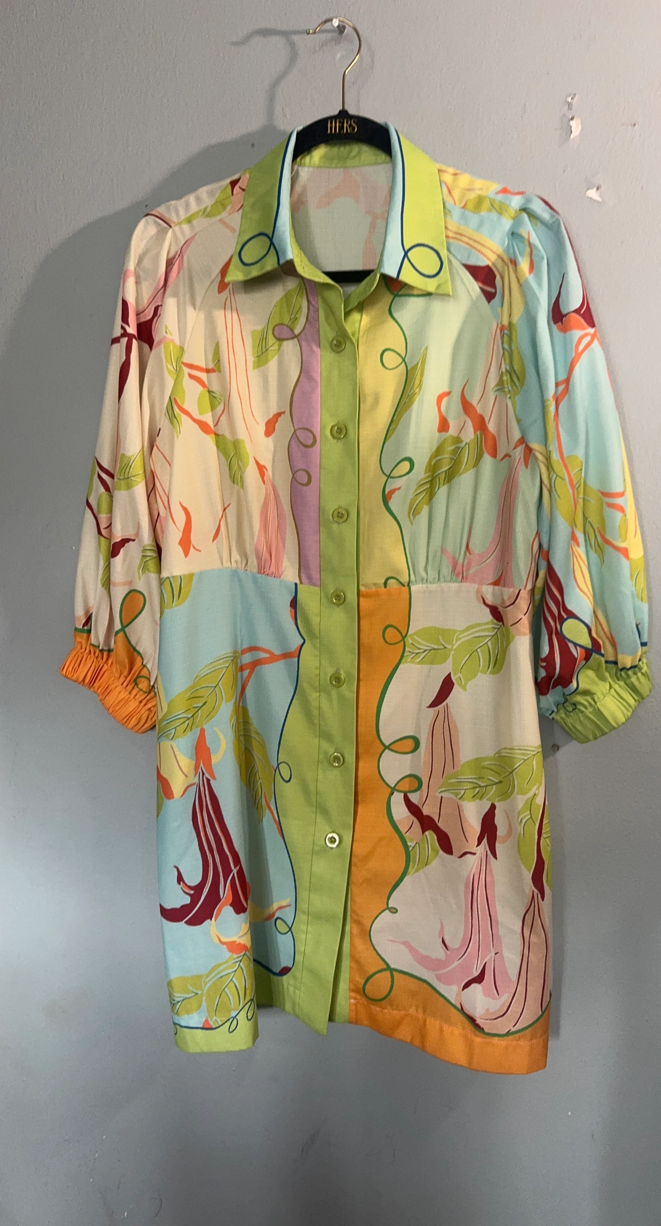 Patchwork floral print collared shirt dress