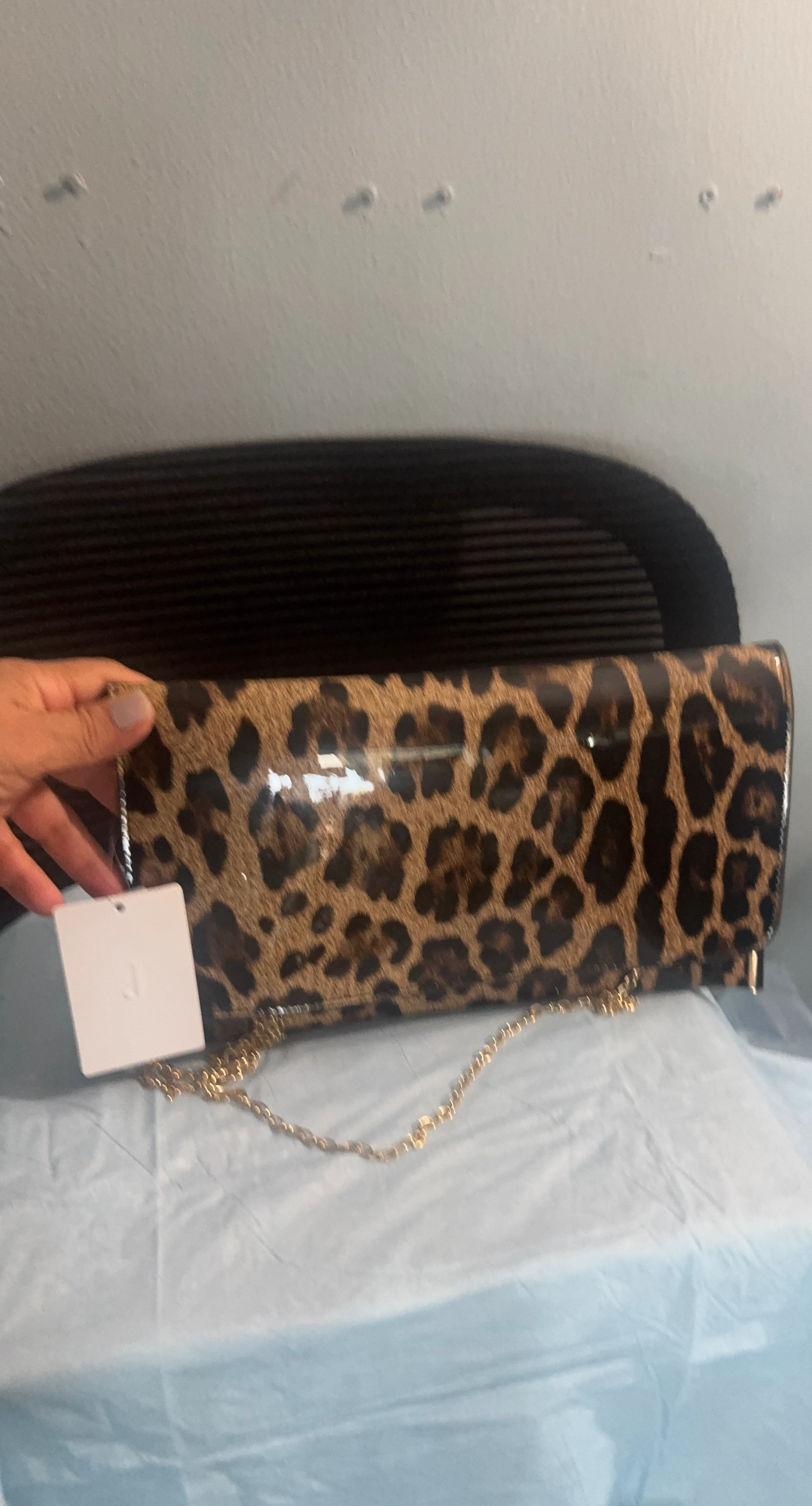 Leopard Print Clutch Purse with Gold Chain
