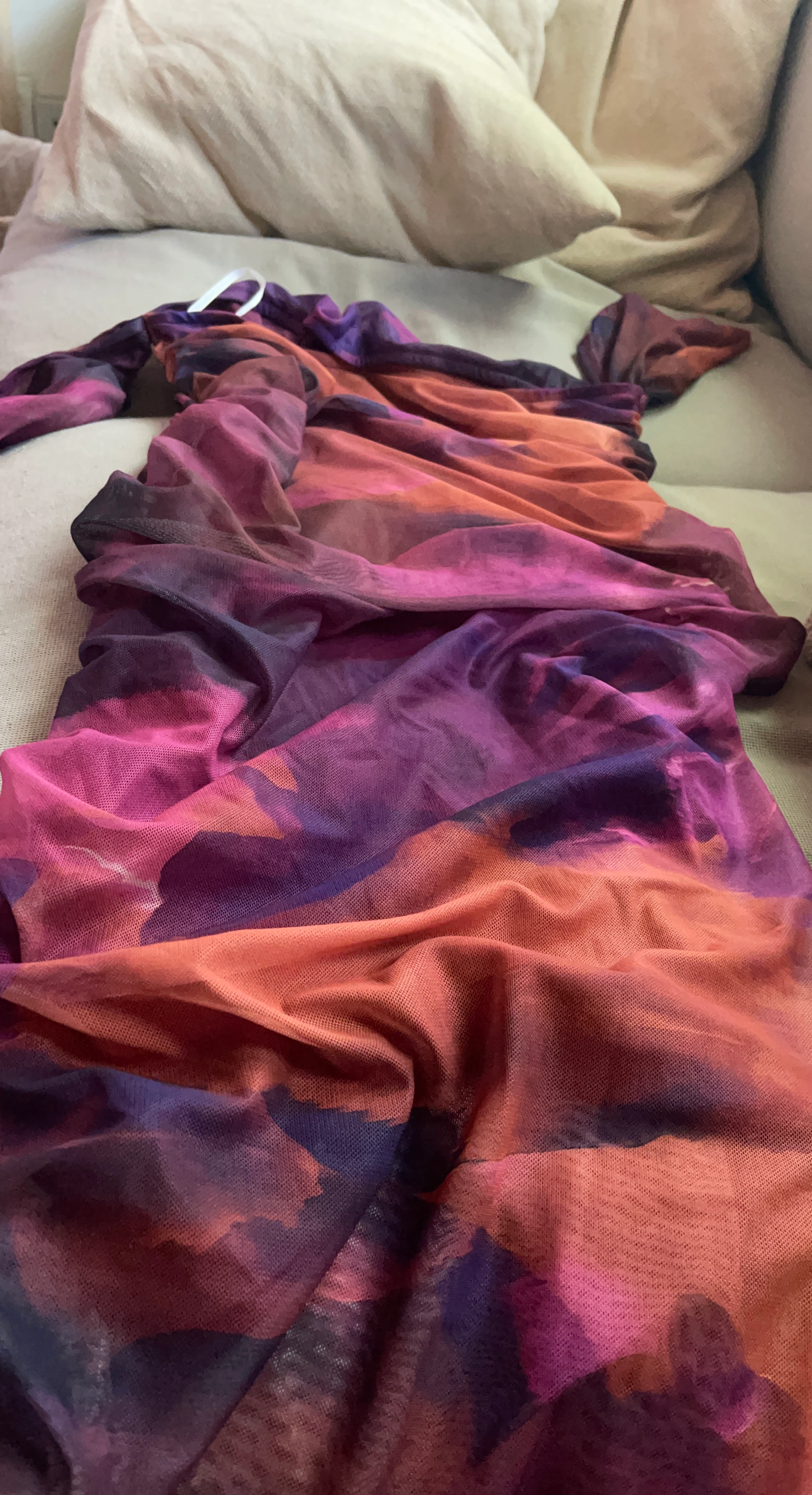 Mesh Ruched Dress - Orange/Purple Tie-Dye