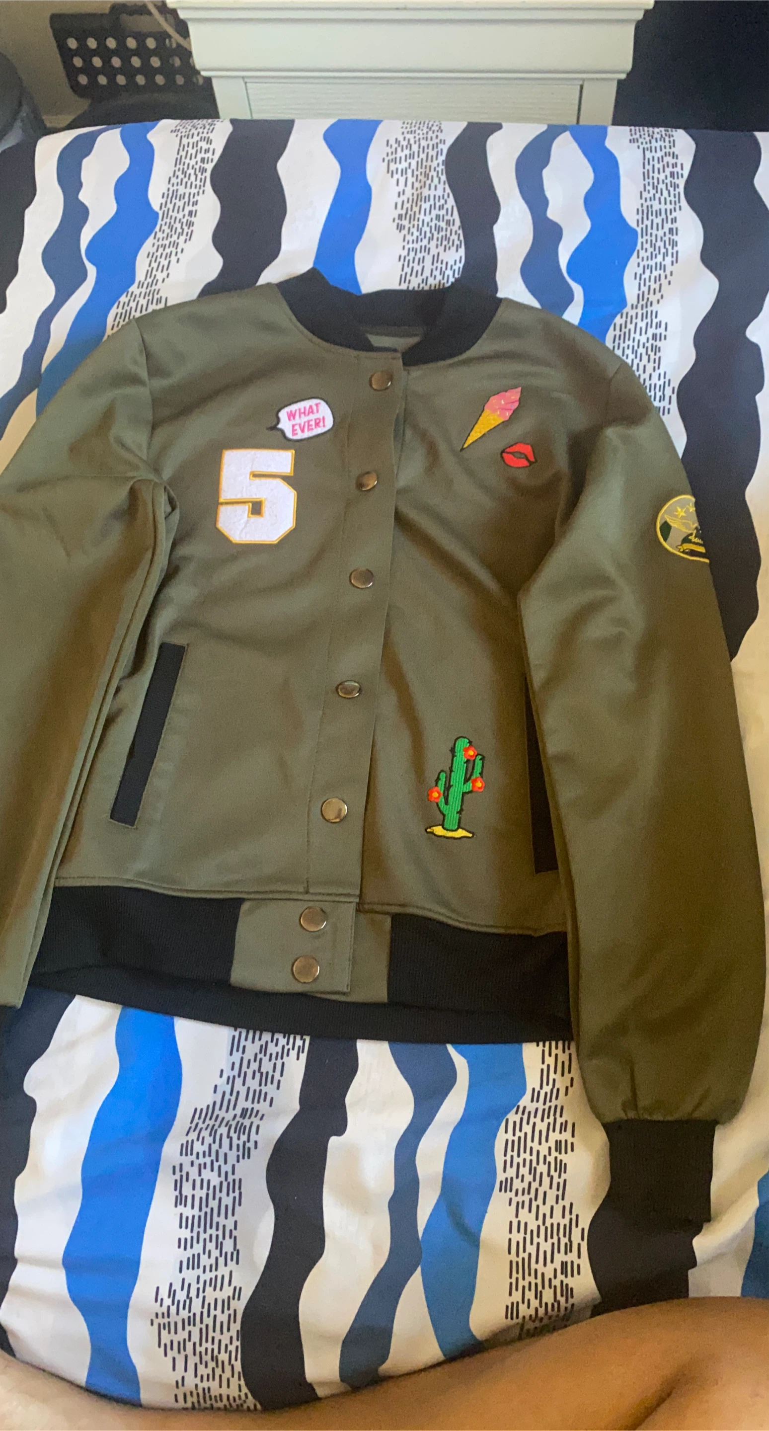 Olive Green Bomber Jacket with Patches