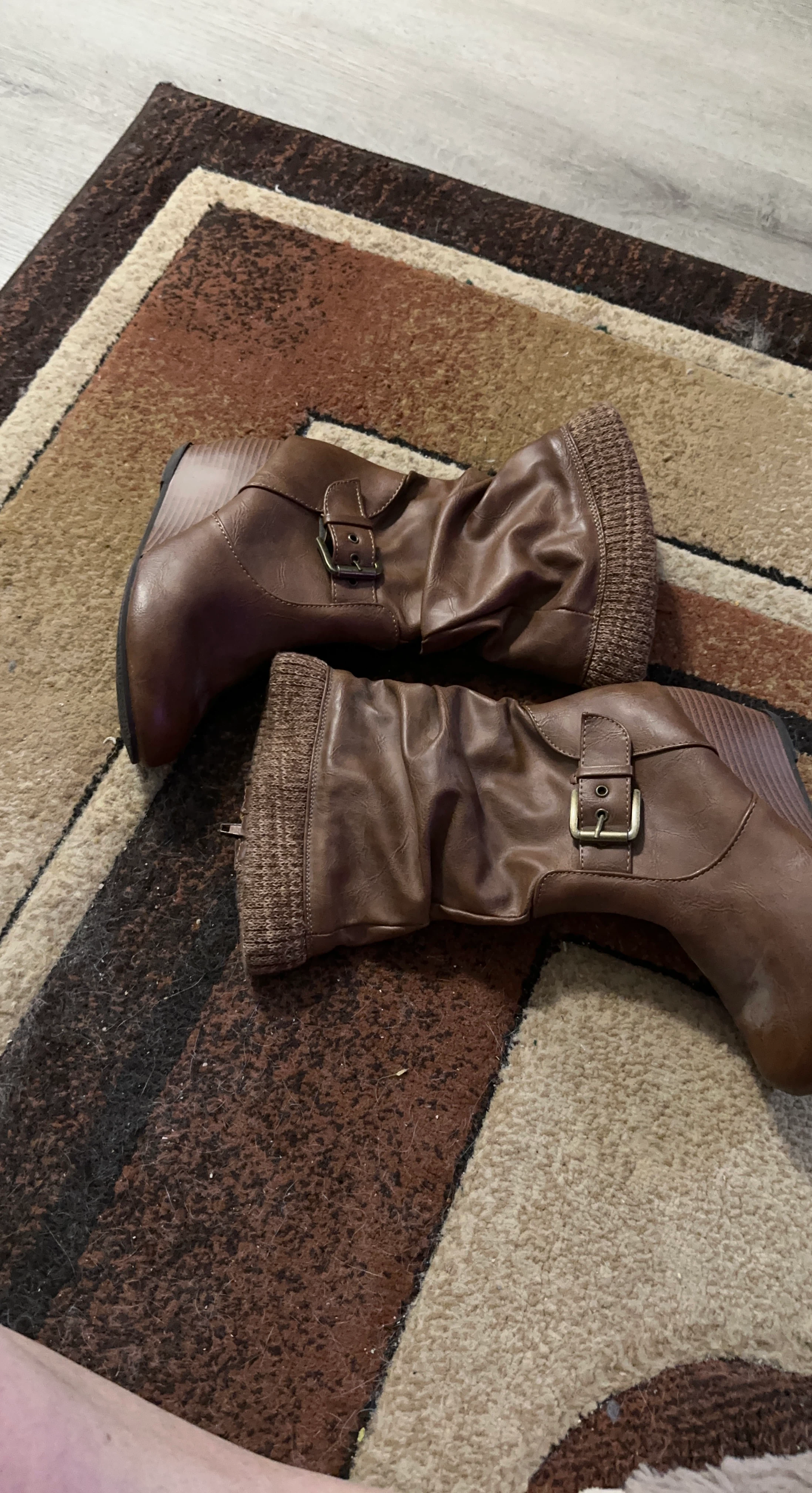 Brown Faux Leather Wedge Boots with Knit Collar