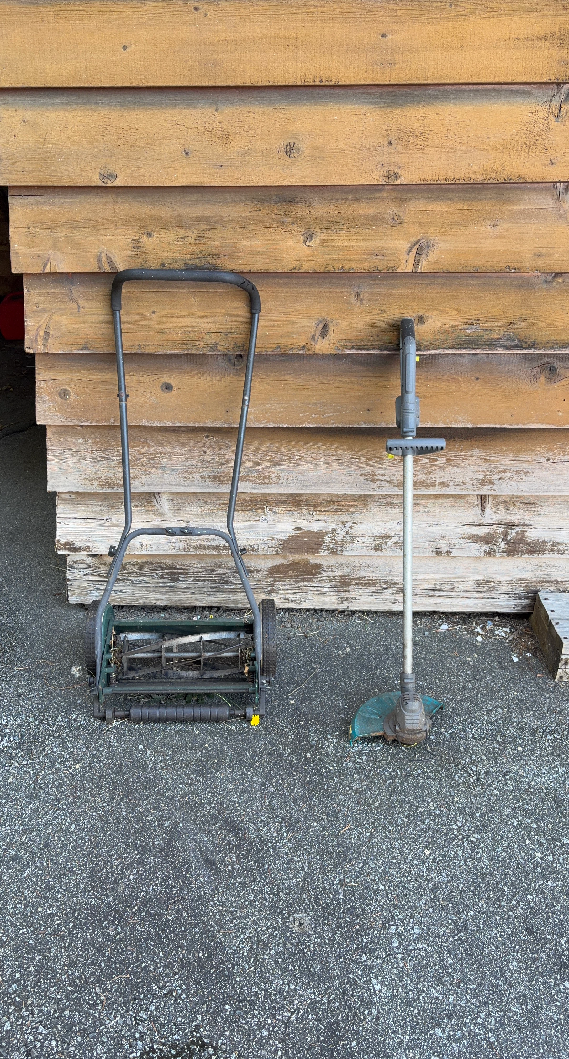 Manual Reel Mower and battery powered weed whacker