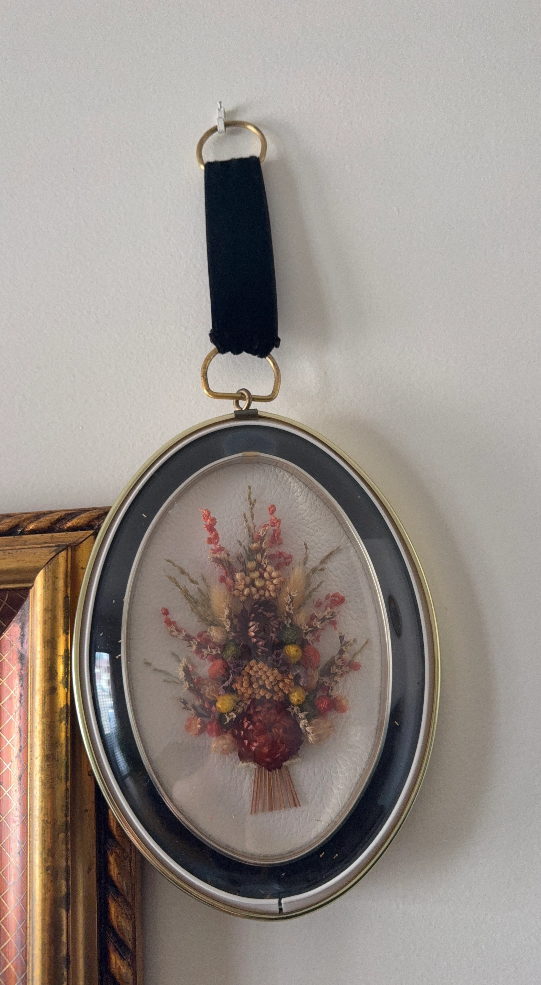 Vintage Oval Framed Dried Flower and Needlepoint Art
