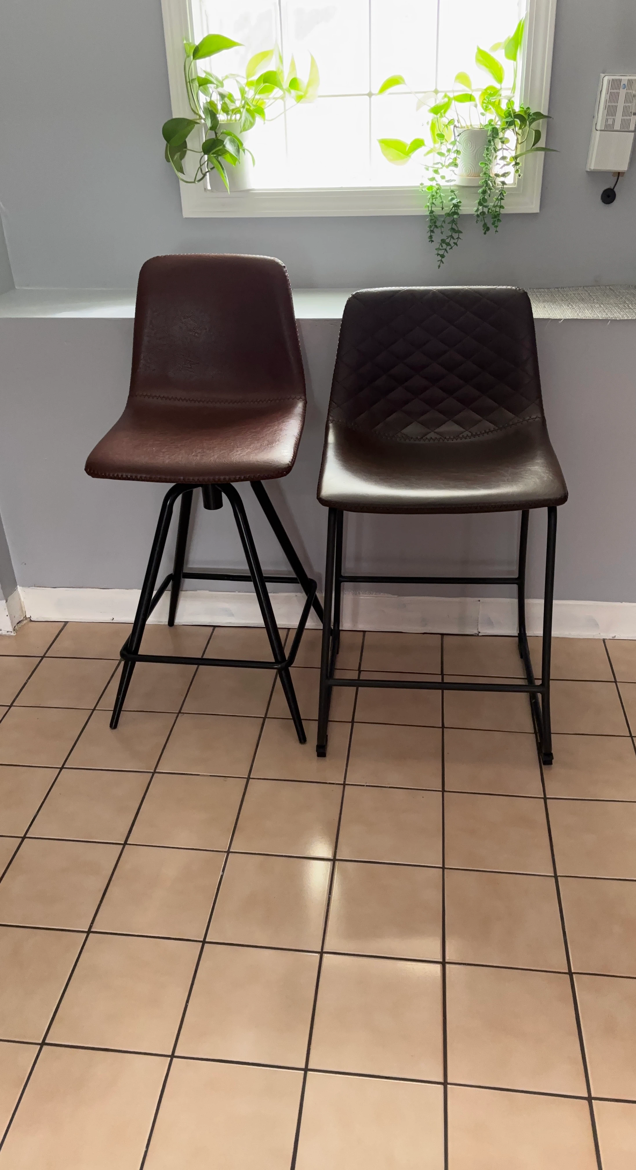Two Brown Imitation Faux Leather Counter Stools