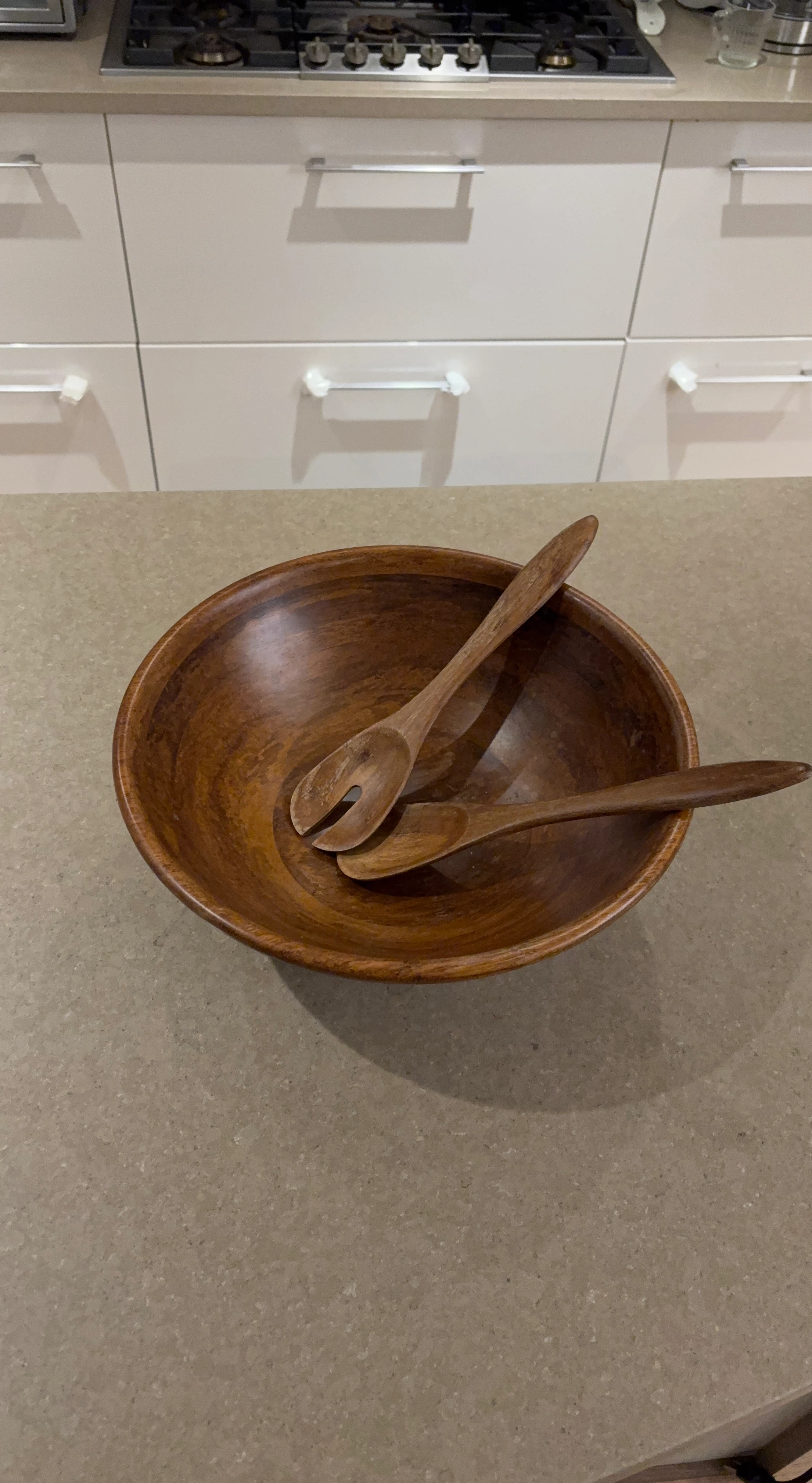 Wooden salad bowl and server set