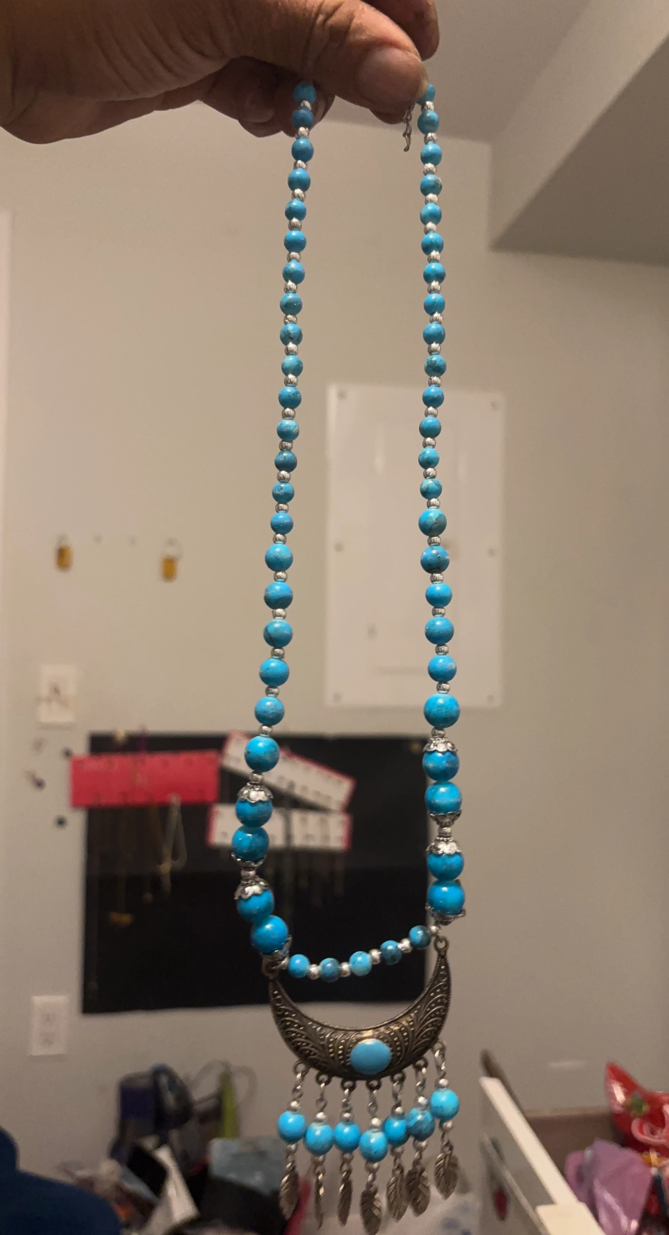 Turquoise Beaded Necklace with Crescent Moon Pendant