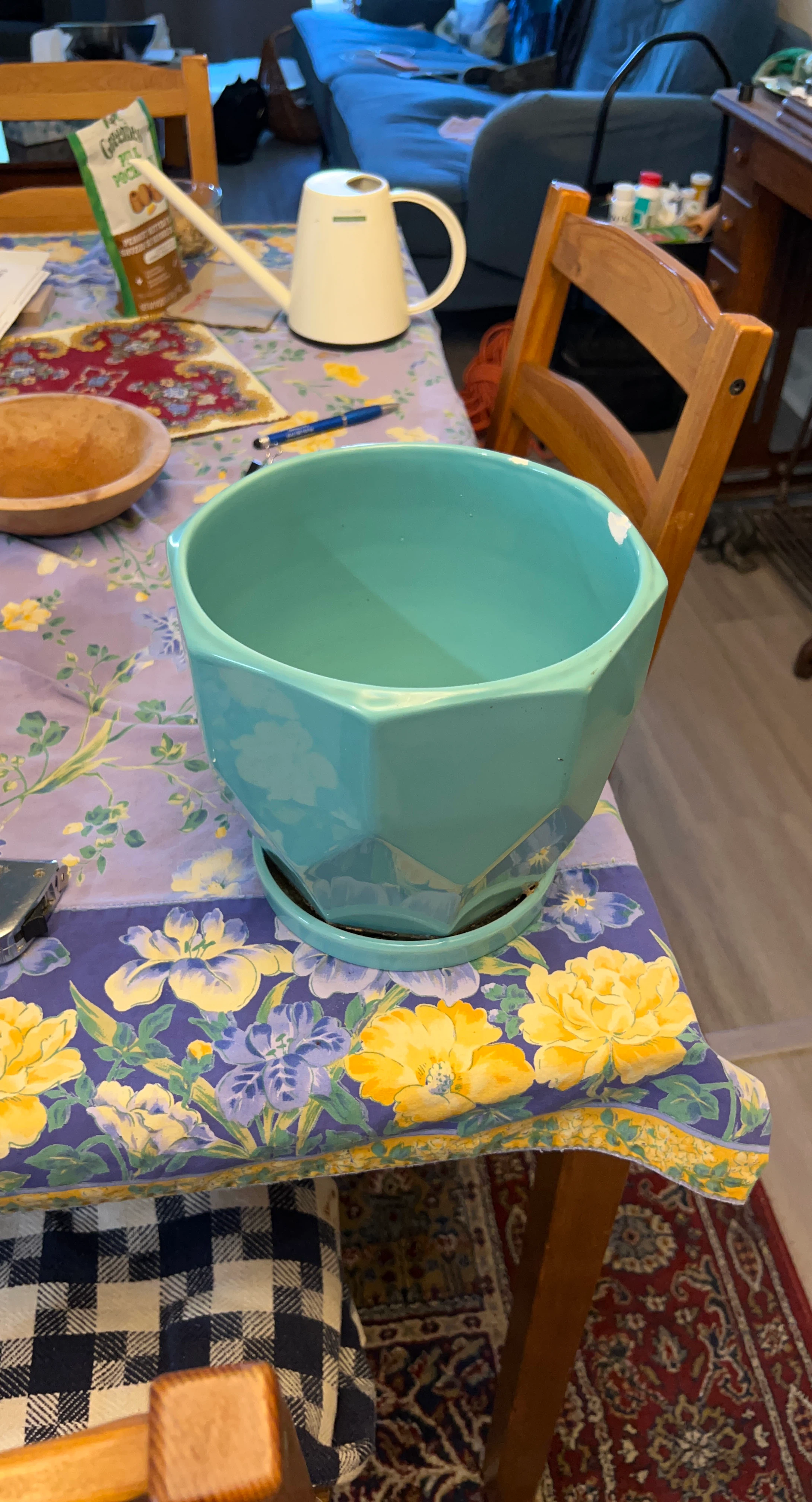 Teal Geometric Ceramic Planter with Saucer