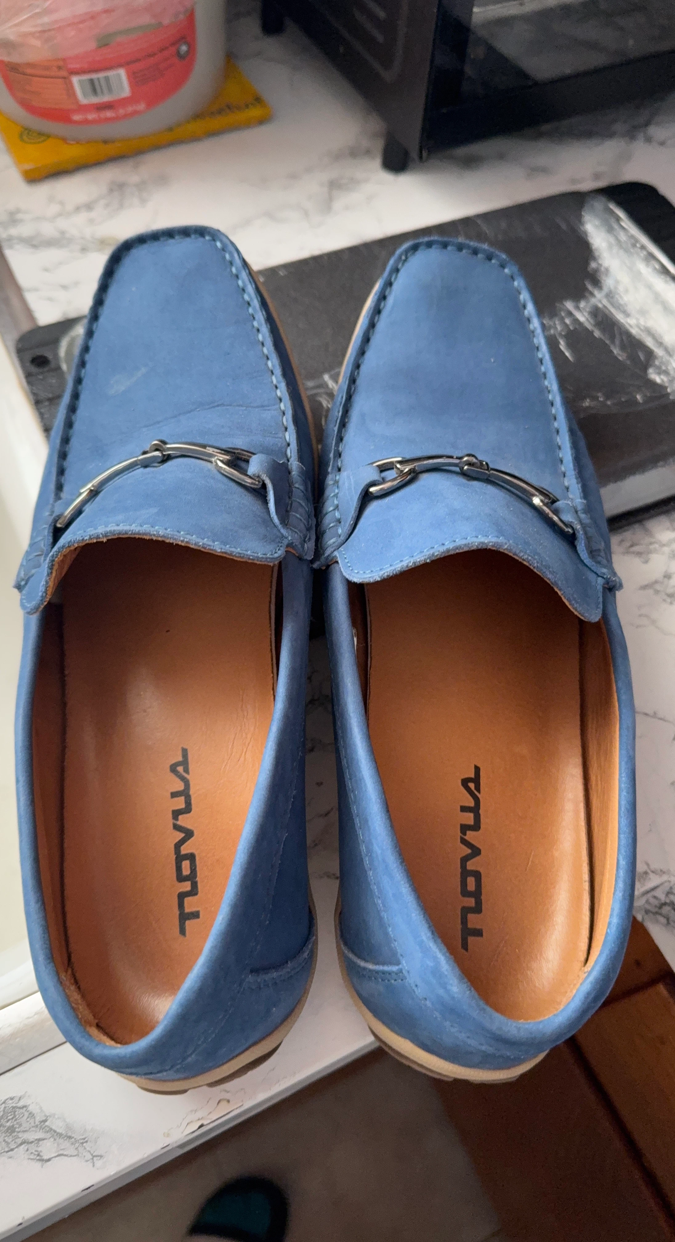 TLOVUA Blue Suede Loafers with Metal Bit Detail